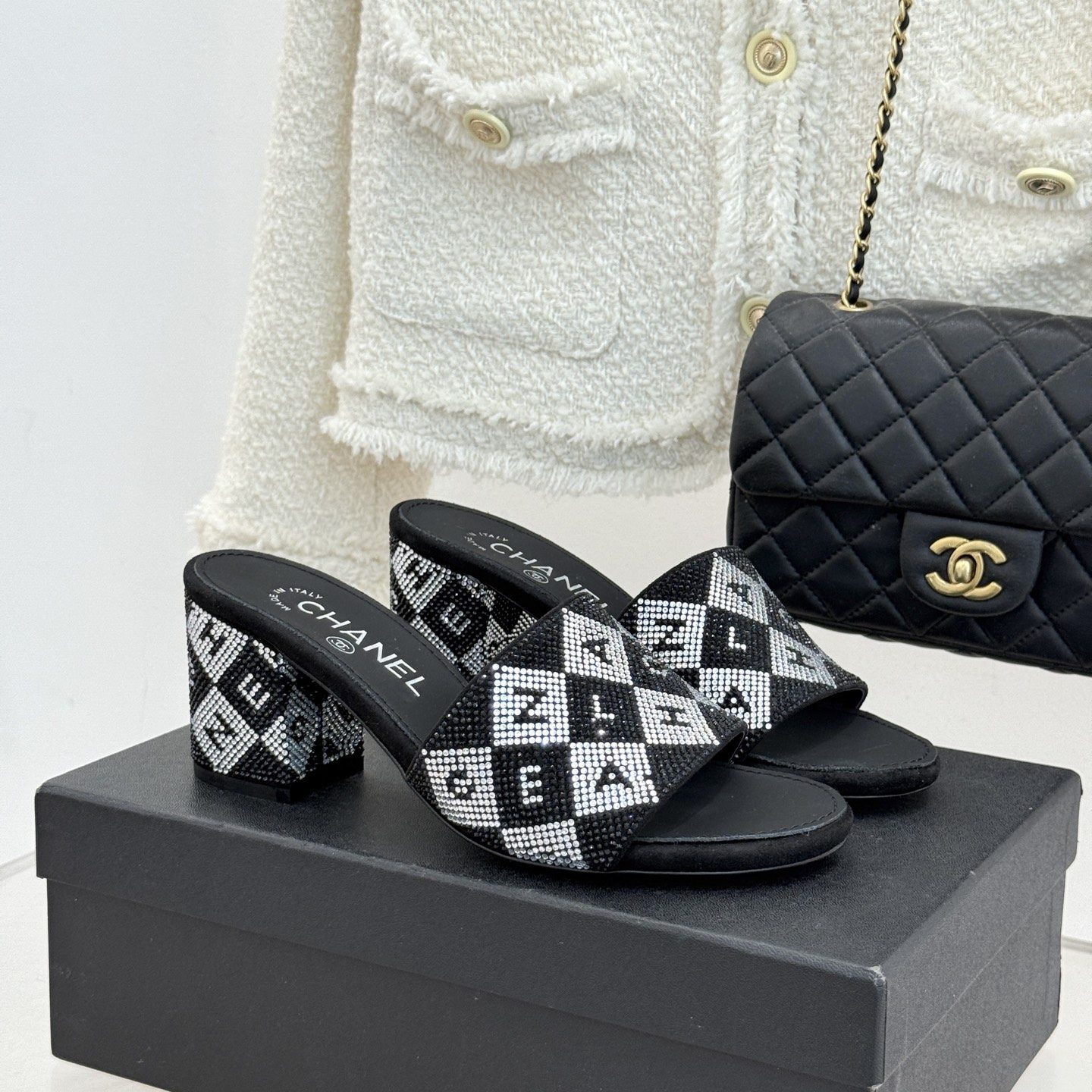 CHANEL Classic Crystal Double C Letter Slippers in Genuine Lambskin with Calfskin Lining Italian Lea