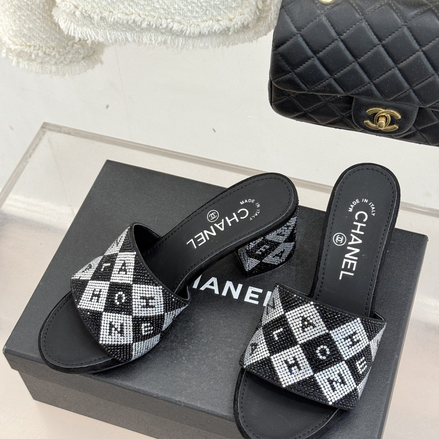 CHANEL Classic Crystal Double C Letter Slippers in Genuine Lambskin with Calfskin Lining Italian Lea