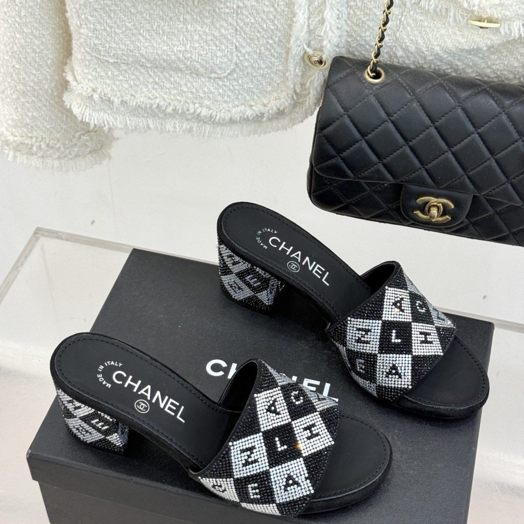 CHANEL Classic Crystal Double C Letter Slippers in Genuine Lambskin with Calfskin Lining Italian Lea