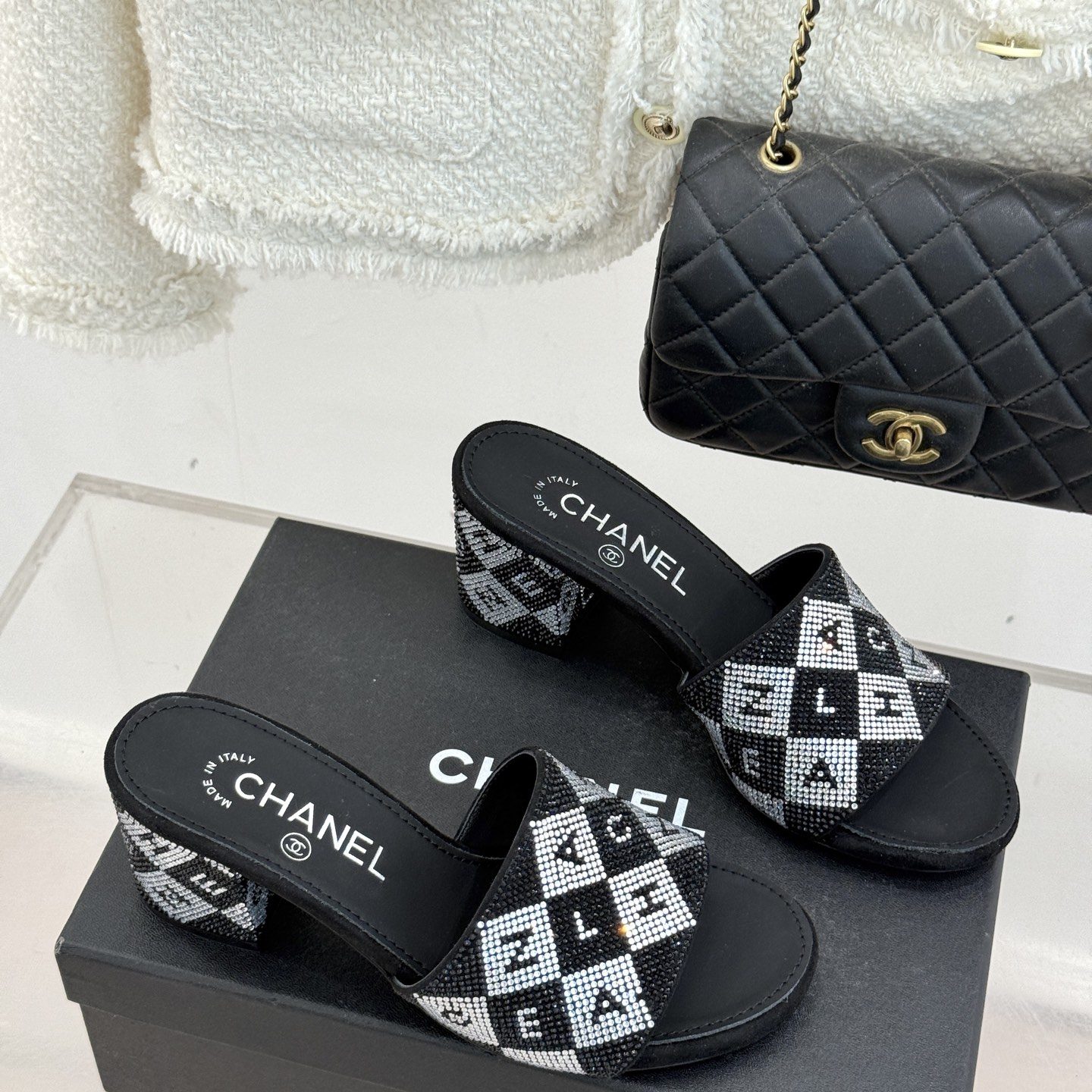 CHANEL Classic Crystal Double C Letter Slippers in Genuine Lambskin with Calfskin Lining Italian Lea