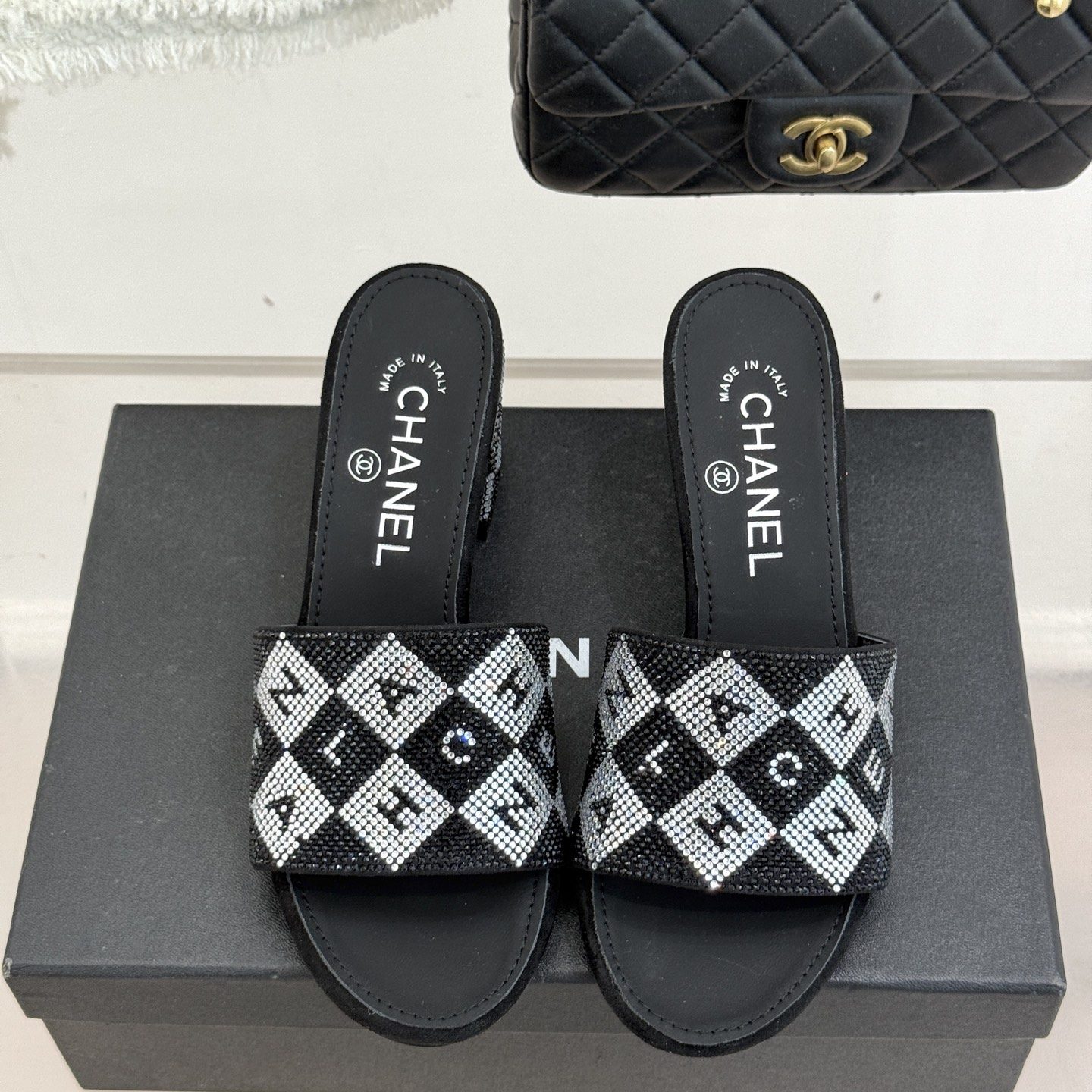 CHANEL Classic Crystal Double C Letter Slippers in Genuine Lambskin with Calfskin Lining Italian Lea