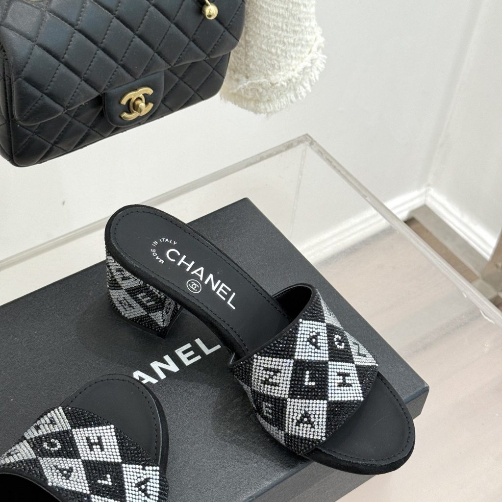 CHANEL Classic Crystal Double C Letter Slippers in Genuine Lambskin with Calfskin Lining Italian Lea