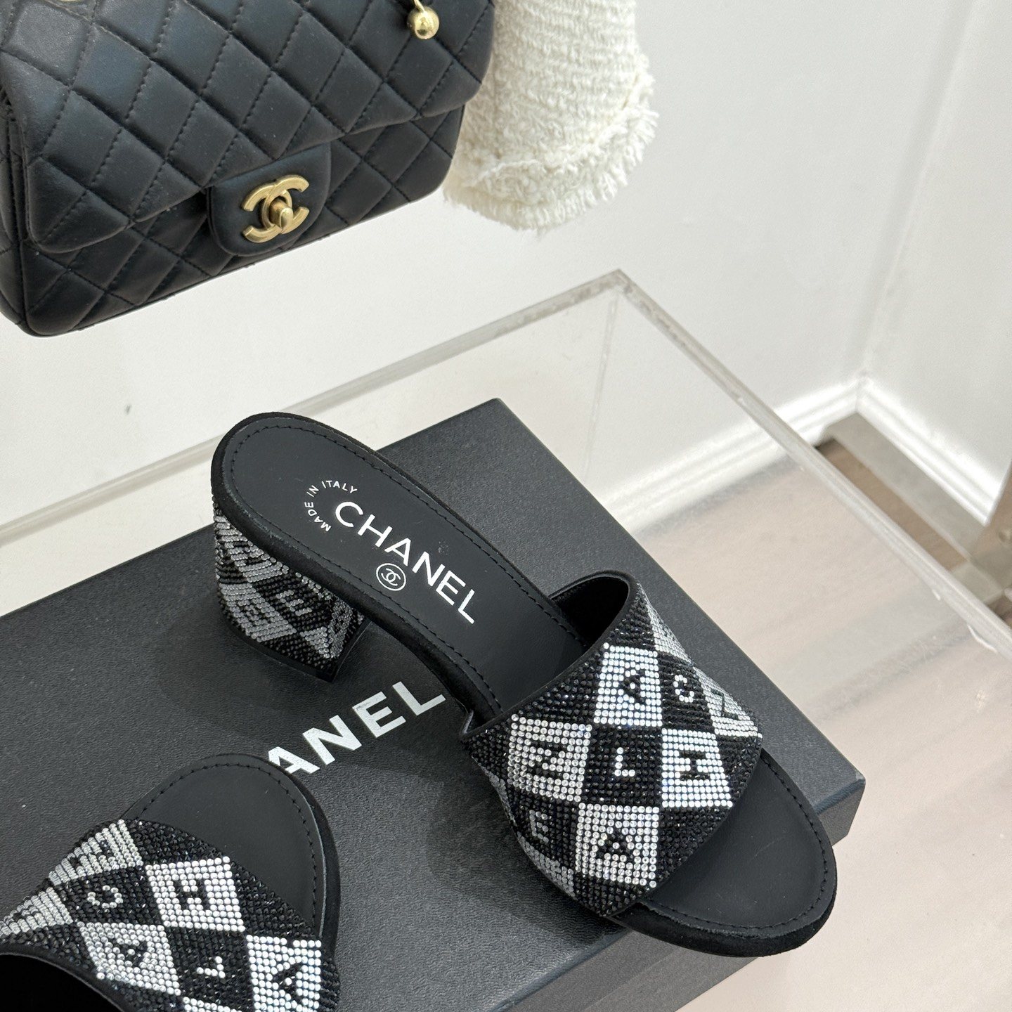 CHANEL Classic Crystal Double C Letter Slippers in Genuine Lambskin with Calfskin Lining Italian Lea