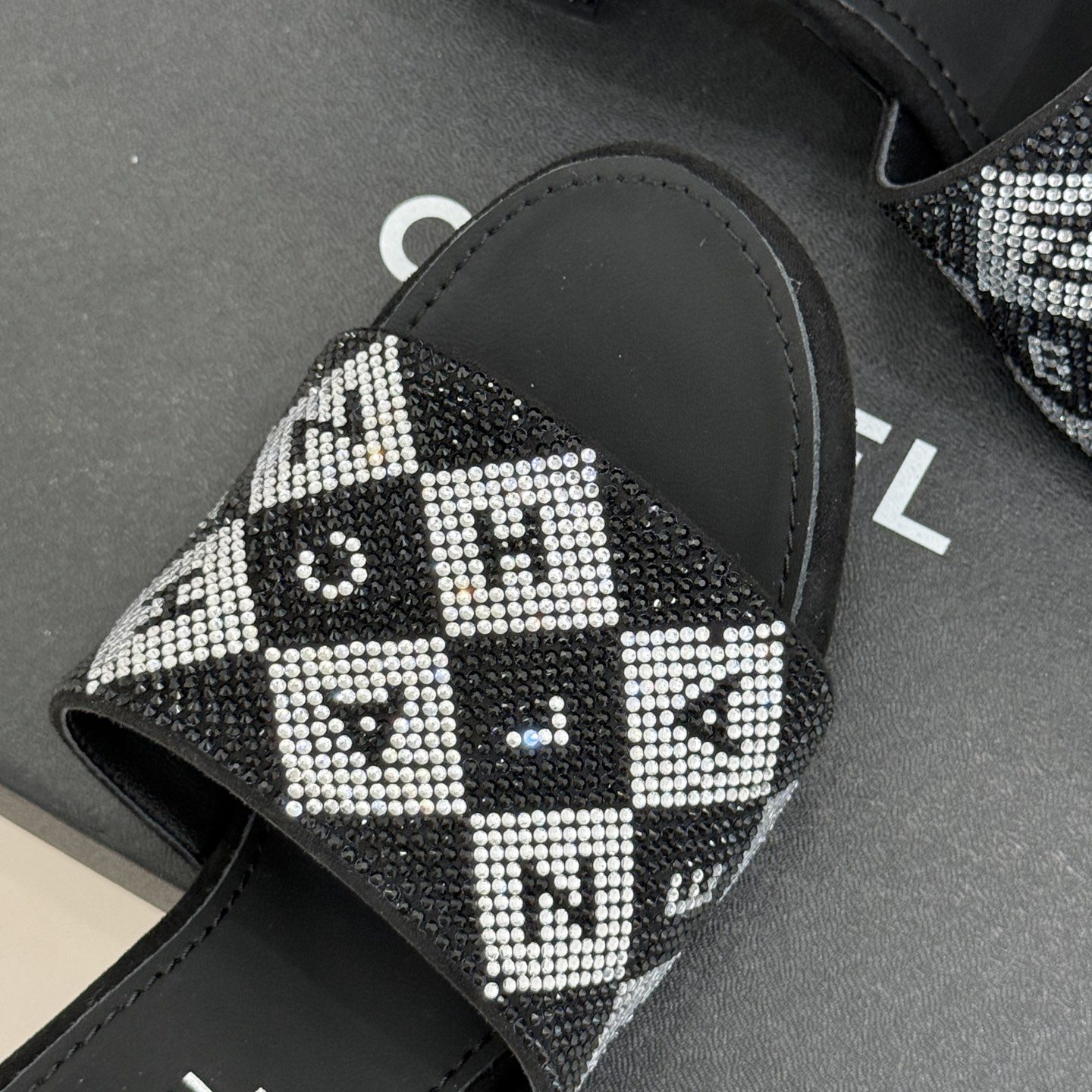 CHANEL Classic Crystal Double C Letter Slippers in Genuine Lambskin with Calfskin Lining Italian Lea