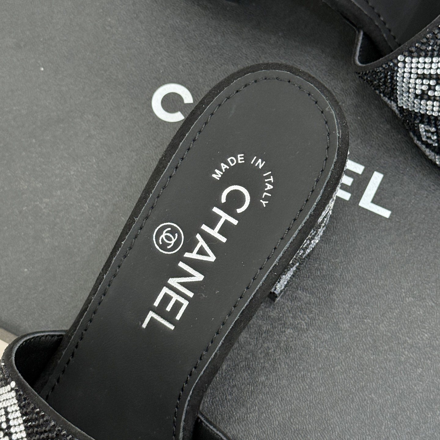 CHANEL Classic Crystal Double C Letter Slippers in Genuine Lambskin with Calfskin Lining Italian Lea