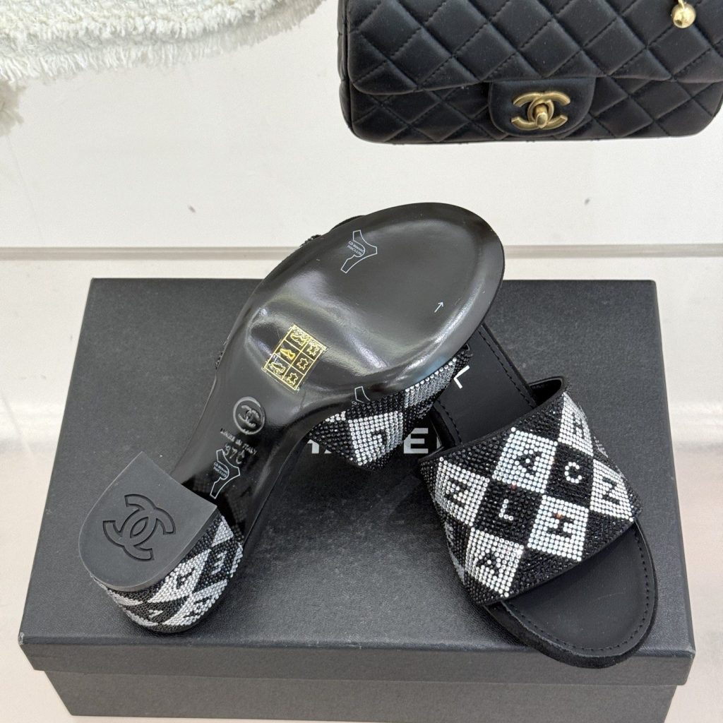 CHANEL Classic Crystal Double C Letter Slippers in Genuine Lambskin with Calfskin Lining Italian Lea