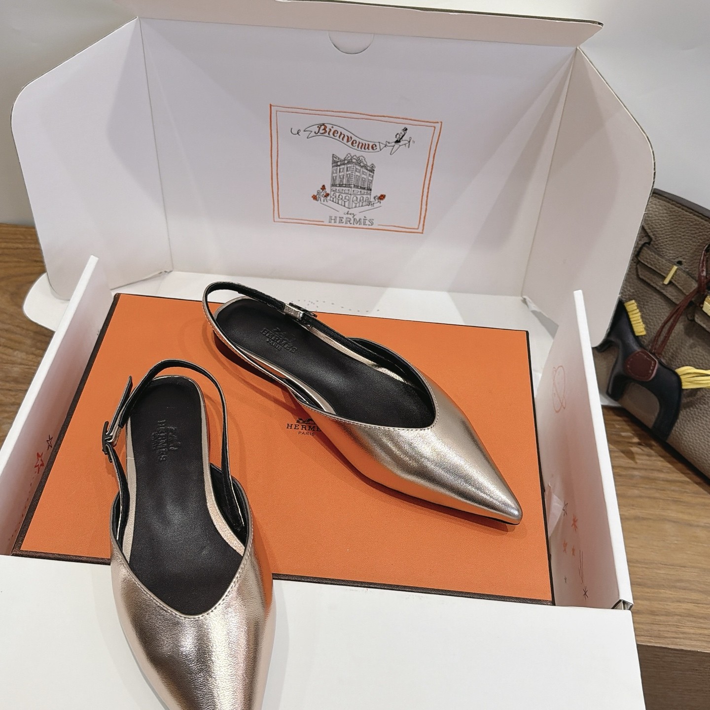 Hermes Eclair Pointed Toe Backless Slingback Flats in Calfskin Wool Lining and Italian Leather Sole