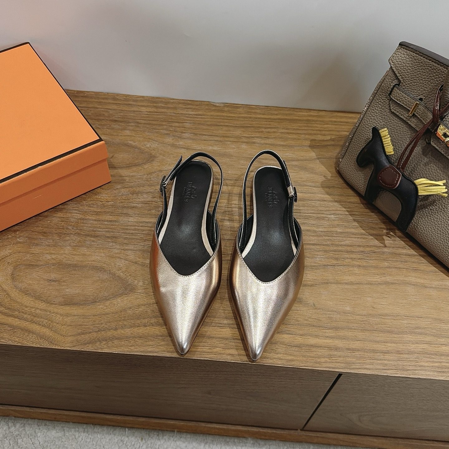 Hermes Eclair Pointed Toe Backless Slingback Flats in Calfskin Wool Lining and Italian Leather Sole