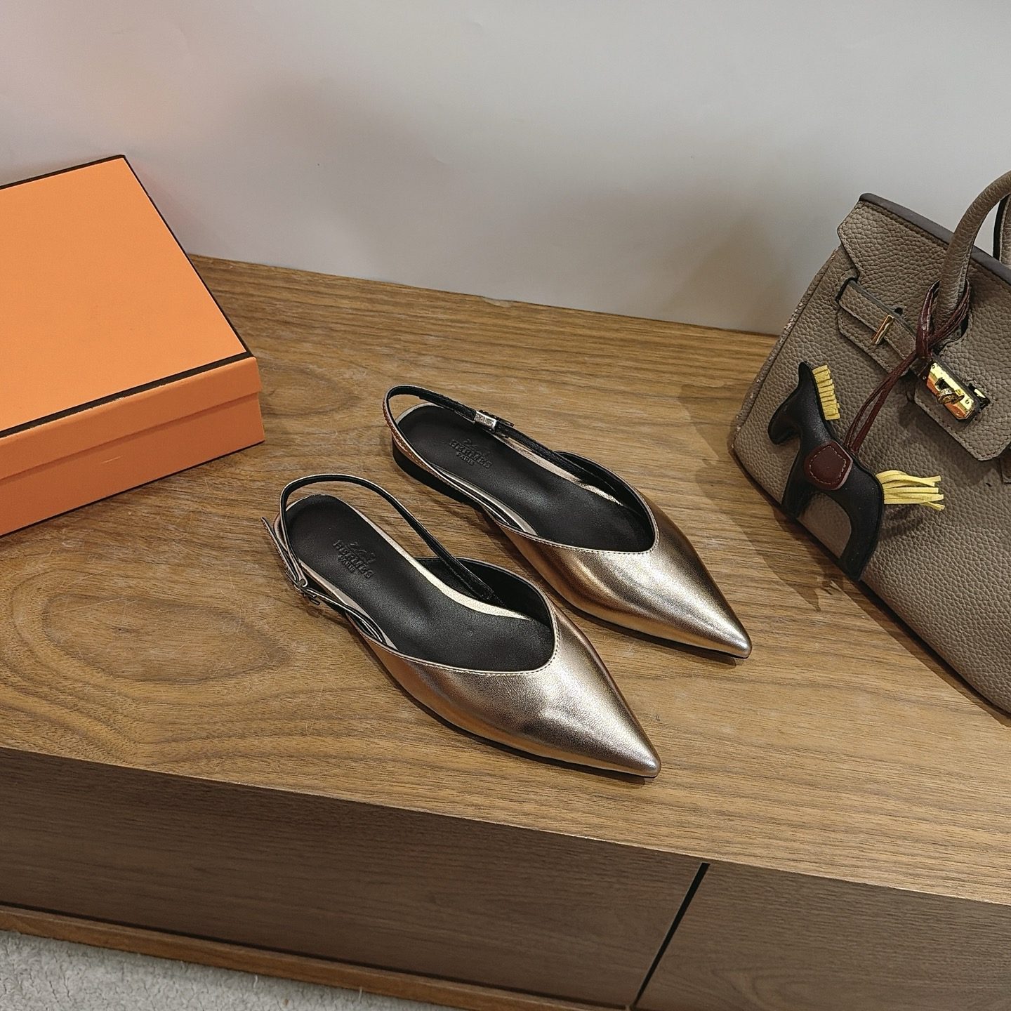 Hermes Eclair Pointed Toe Backless Slingback Flats in Calfskin Wool Lining and Italian Leather Sole