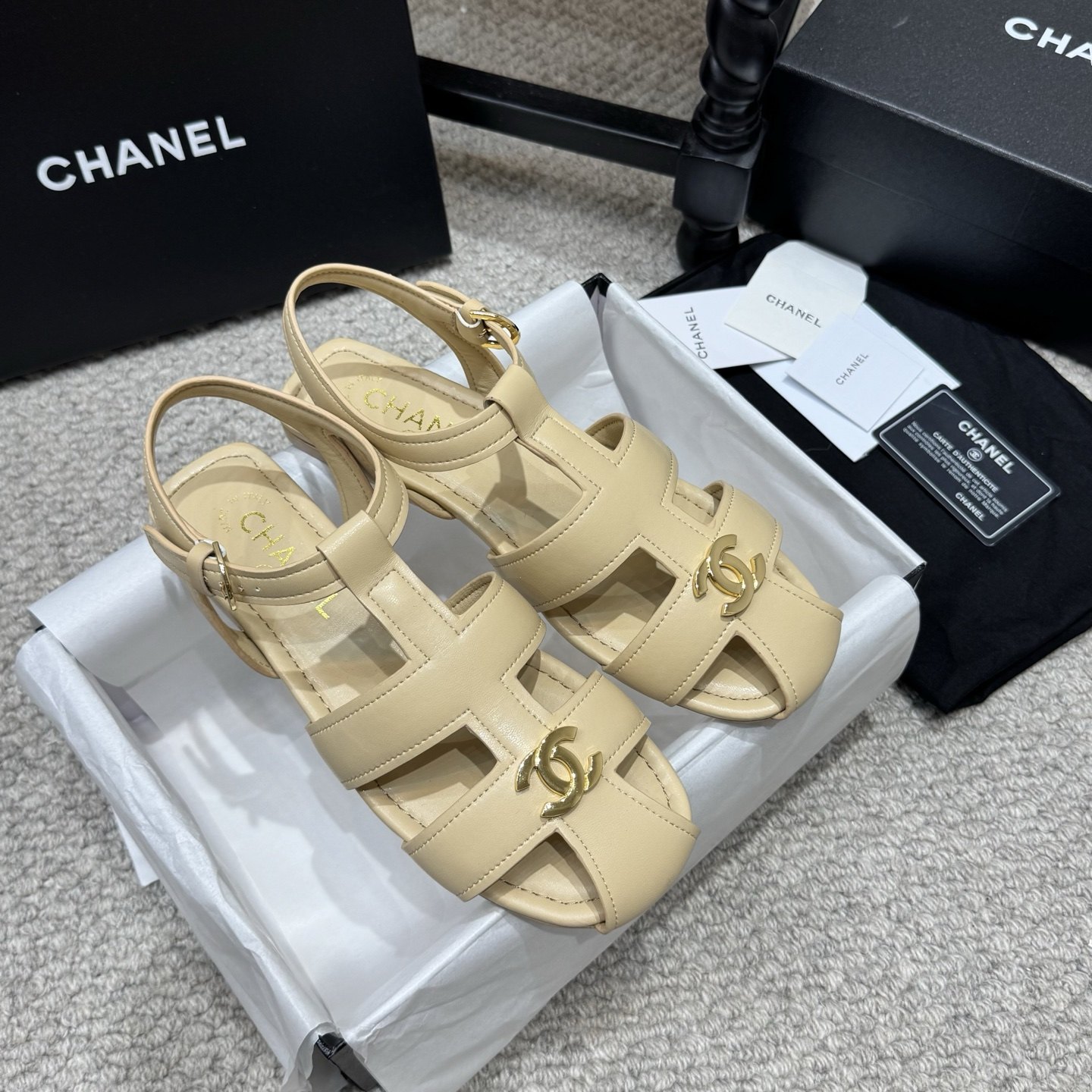 CHANEL Ankle-Strap Flat Sandals in Genuine Lambskin with Calfskin Lining and Durable Rubber Sole