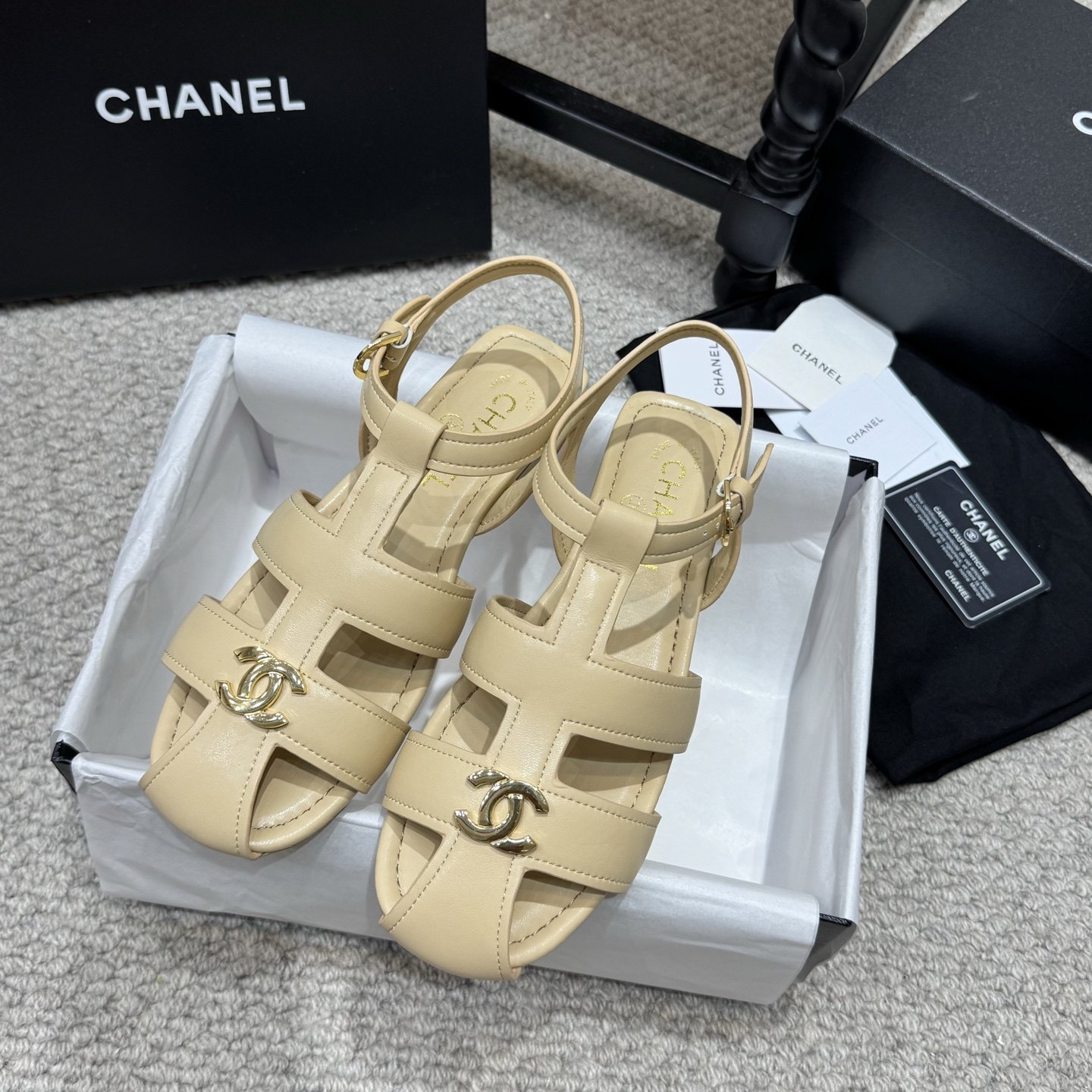 CHANEL Ankle-Strap Flat Sandals in Genuine Lambskin with Calfskin Lining and Durable Rubber Sole