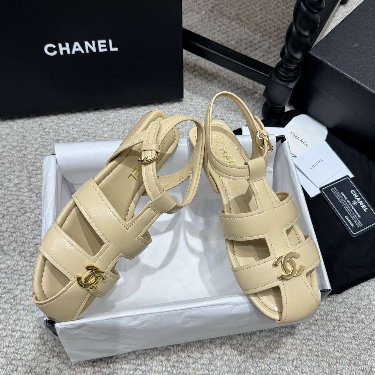 CHANEL Ankle-Strap Flat Sandals in Genuine Lambskin with Calfskin Lining and Durable Rubber Sole