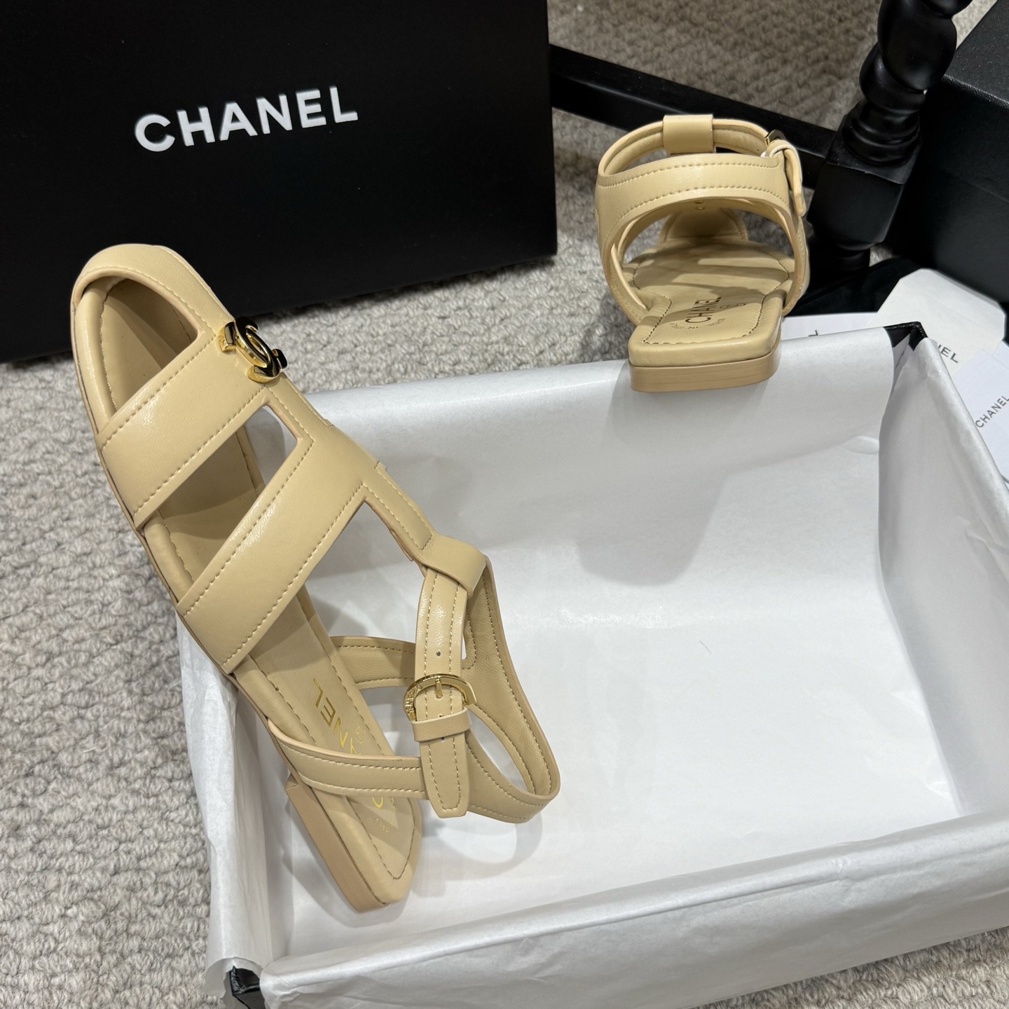 CHANEL Ankle-Strap Flat Sandals in Genuine Lambskin with Calfskin Lining and Durable Rubber Sole