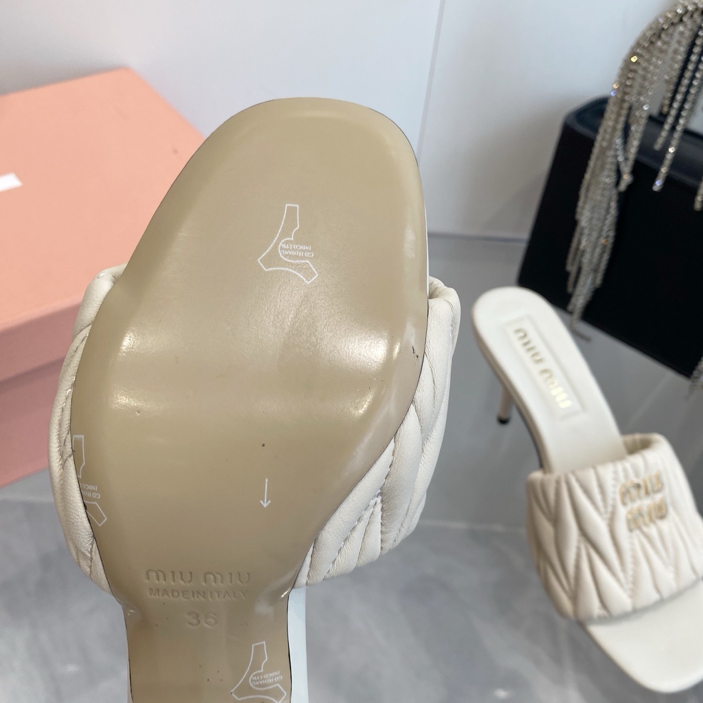 Miu Miu Quilted Flat Sandals in Genuine Lambskin with Metal Logo Calfskin Lining Italian Leather Sol