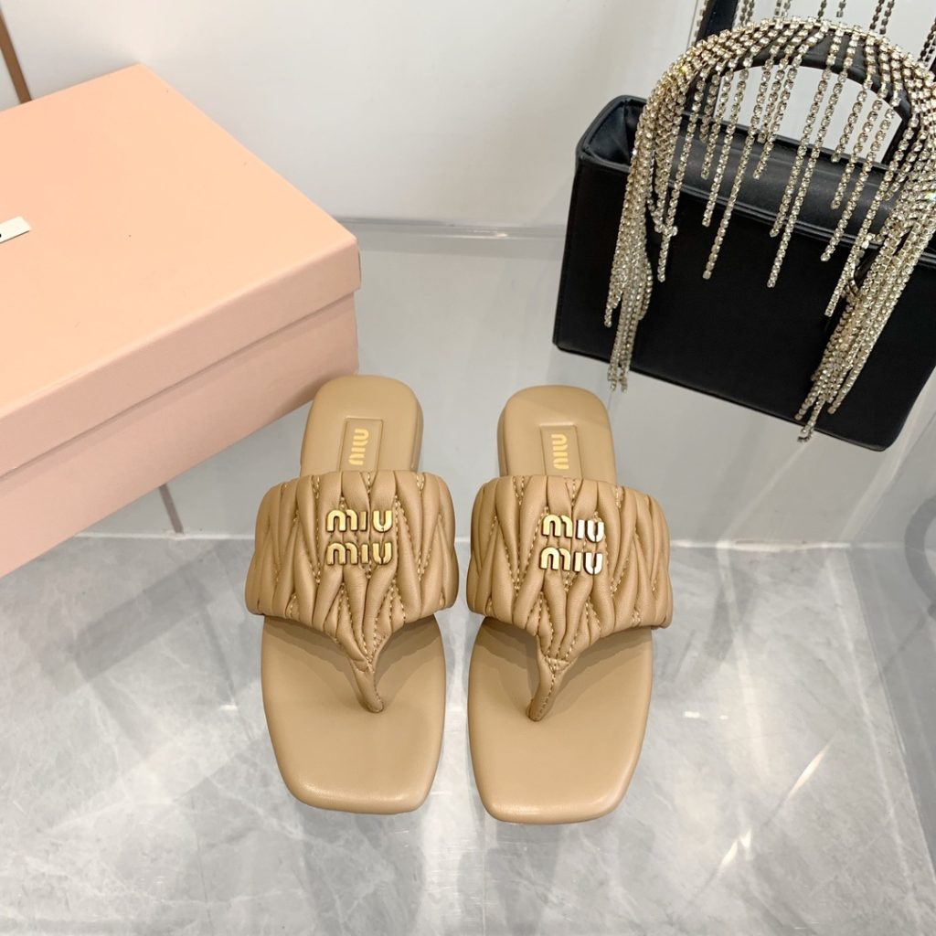 Miu Miu Quilted Flat Sandals in Genuine Lambskin with Calfskin Lining Italian Leather Sole Premium