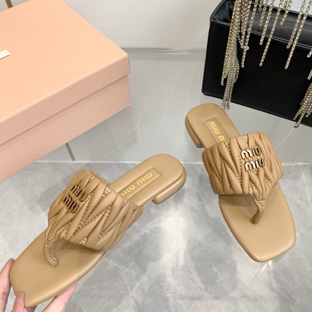 Miu Miu Quilted Flat Sandals in Genuine Lambskin with Calfskin Lining Italian Leather Sole Premium
