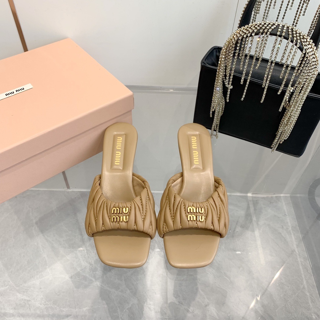 Miu Miu Quilted Genuine Lambskin Flat Sandals with Calfskin Lining Italian Leather Sole Premium