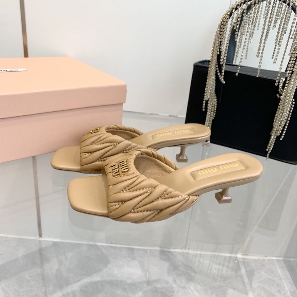 Miu Miu Quilted Genuine Lambskin Flat Sandals with Calfskin Lining Italian Leather Sole Premium