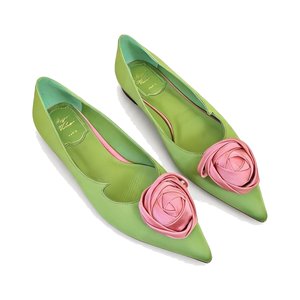 Roger Vivier Pointed Rose Buckle Heels in Silk with Genuine Lambskin Insole and Italian Sole Lambski