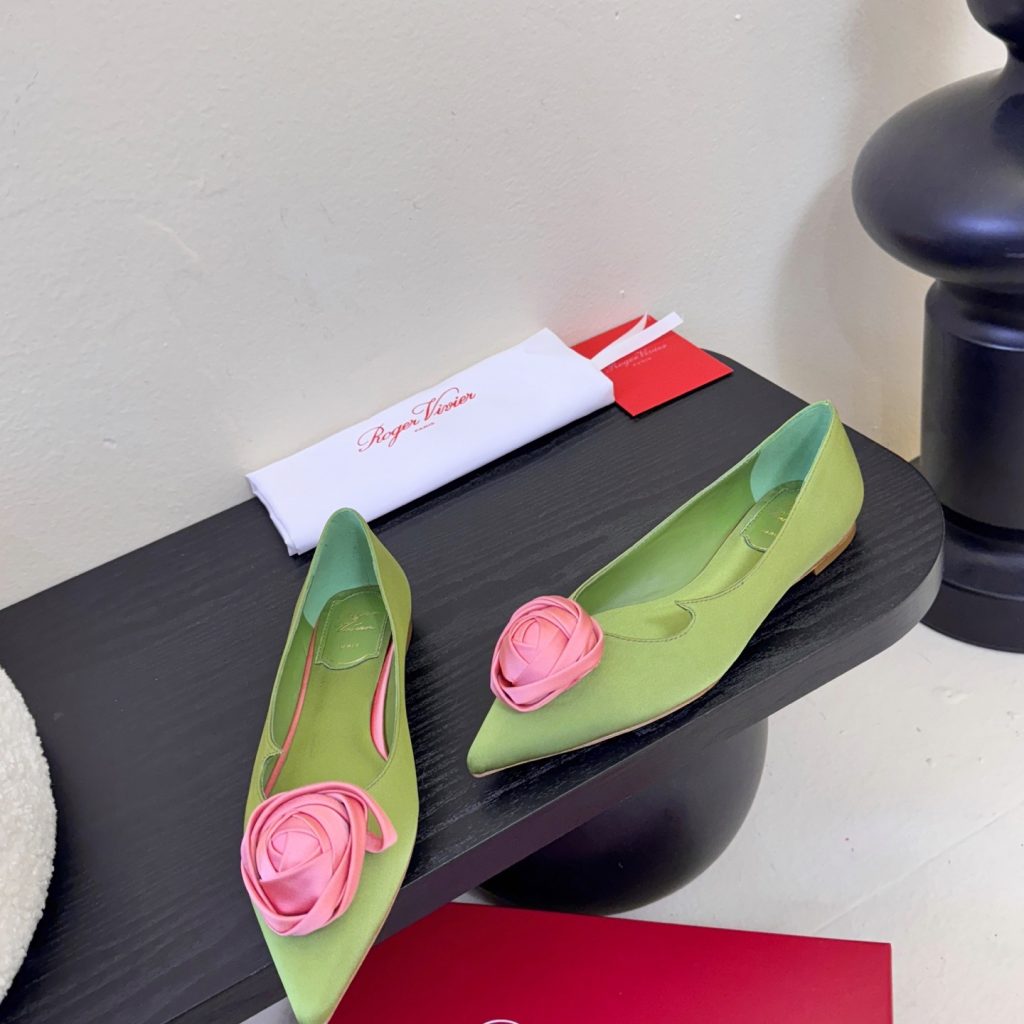 Roger Vivier Pointed Rose Buckle Heels in Silk with Genuine Lambskin Insole and Italian Sole Lambski
