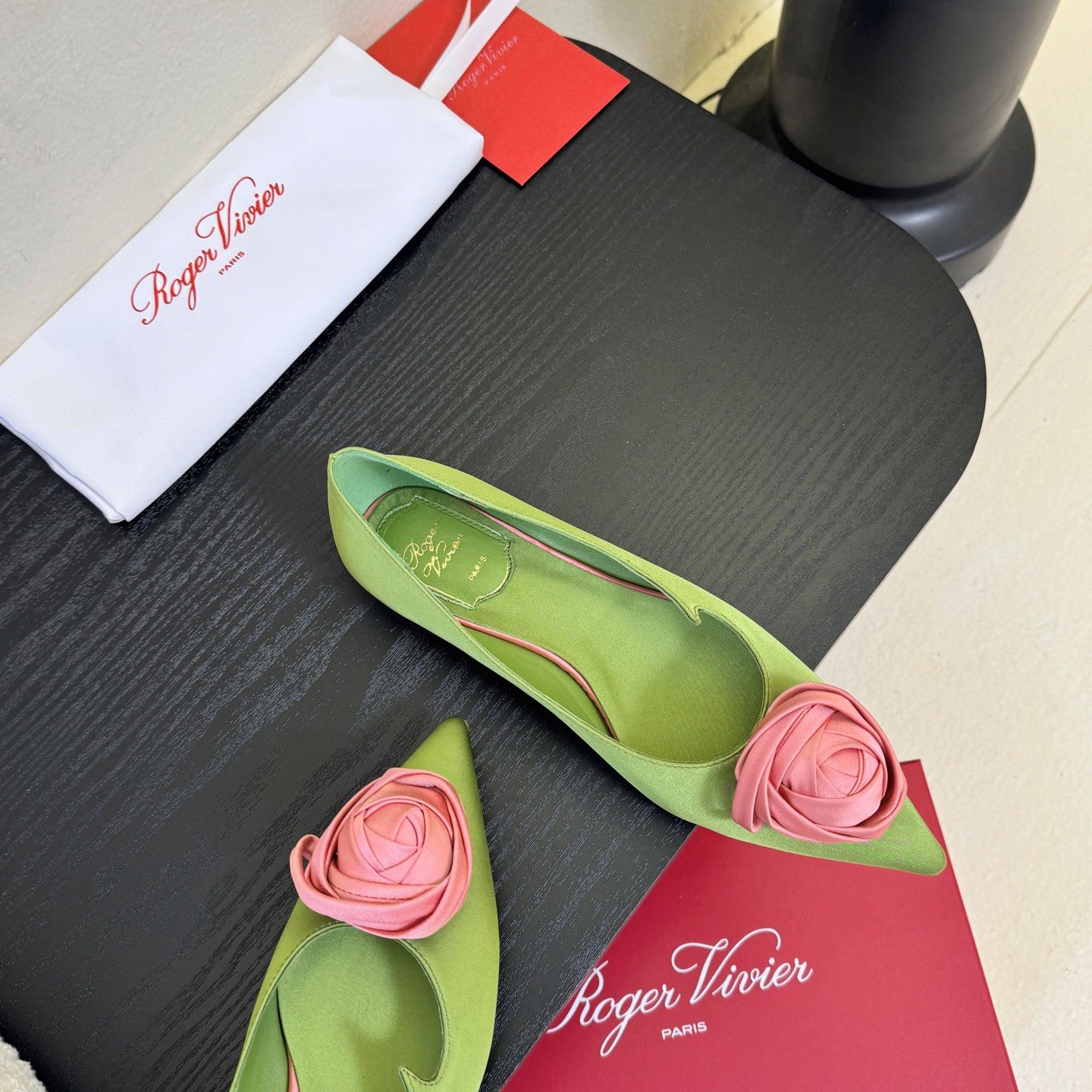 Roger Vivier Pointed Rose Buckle Heels in Silk with Genuine Lambskin Insole and Italian Sole Lambski