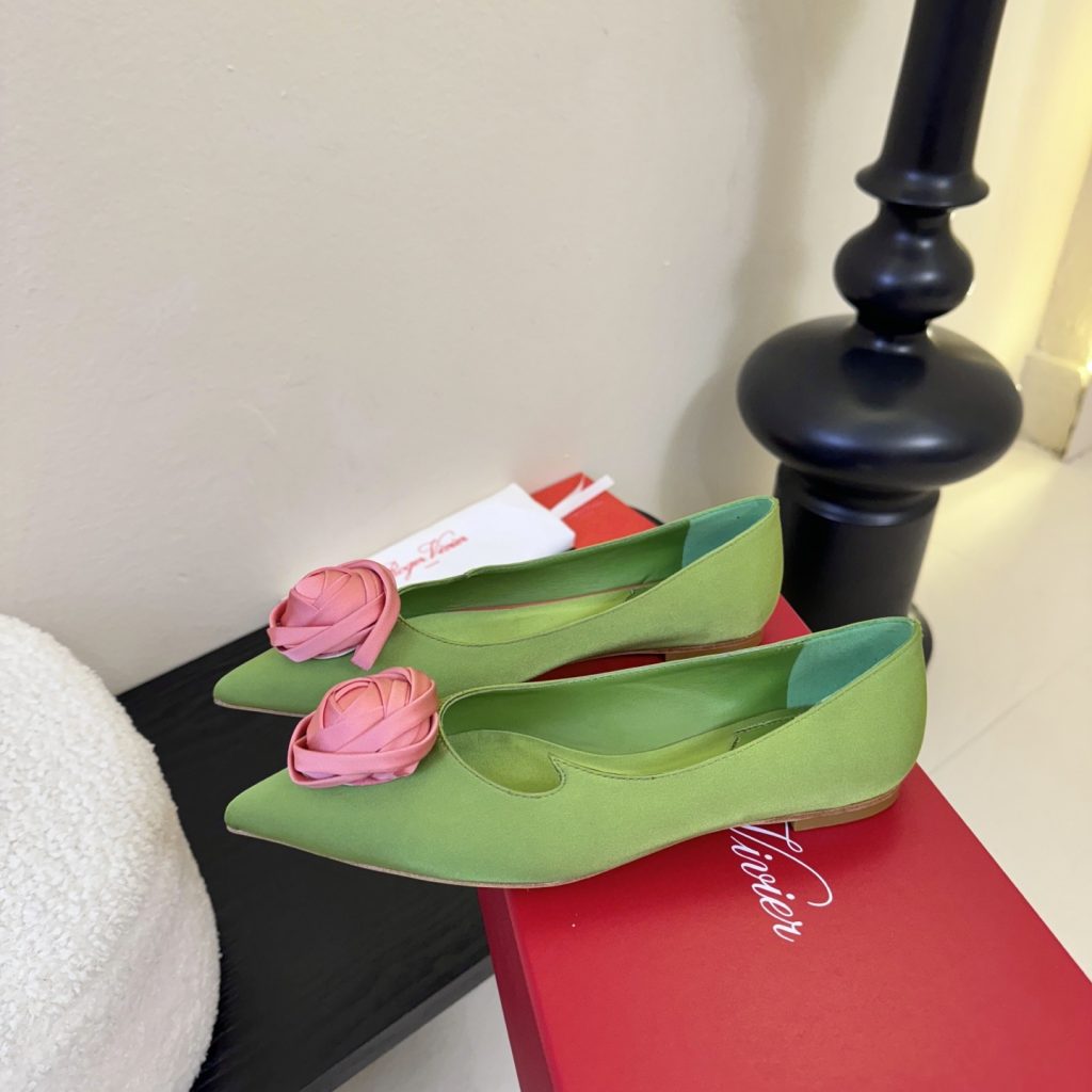 Roger Vivier Pointed Rose Buckle Heels in Silk with Genuine Lambskin Insole and Italian Sole Lambski
