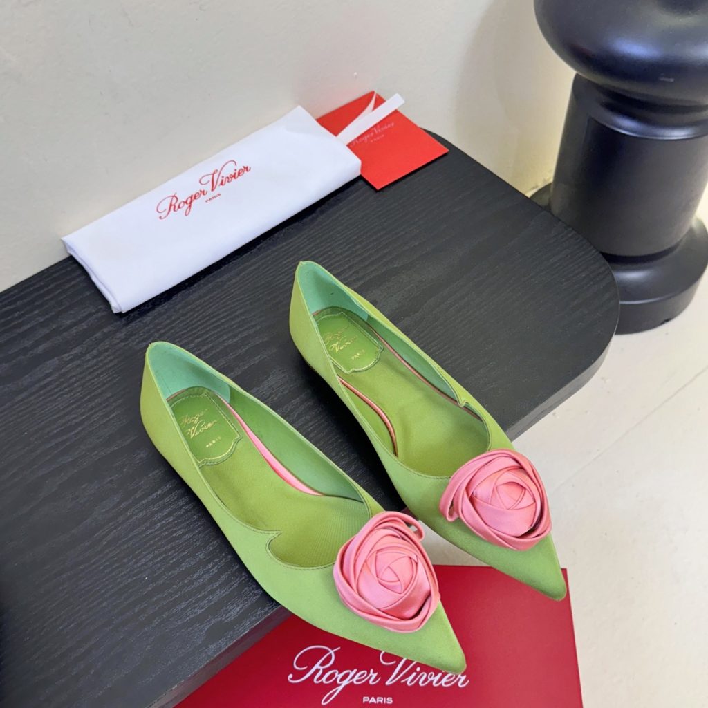 Roger Vivier Pointed Rose Buckle Heels in Silk with Genuine Lambskin Insole and Italian Sole Lambski