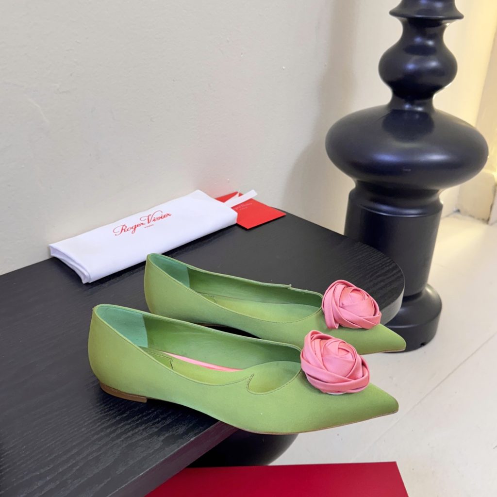 Roger Vivier Pointed Rose Buckle Heels in Silk with Genuine Lambskin Insole and Italian Sole Lambski