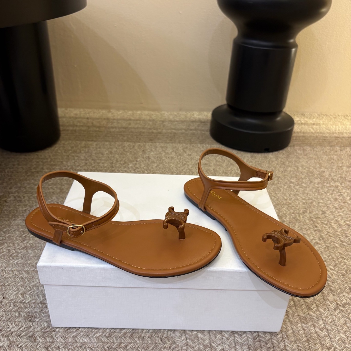 CELINE Ankle-Strap Flat Sandals in Genuine Lambskin with Calfskin Lining and Durable Rubber Sole