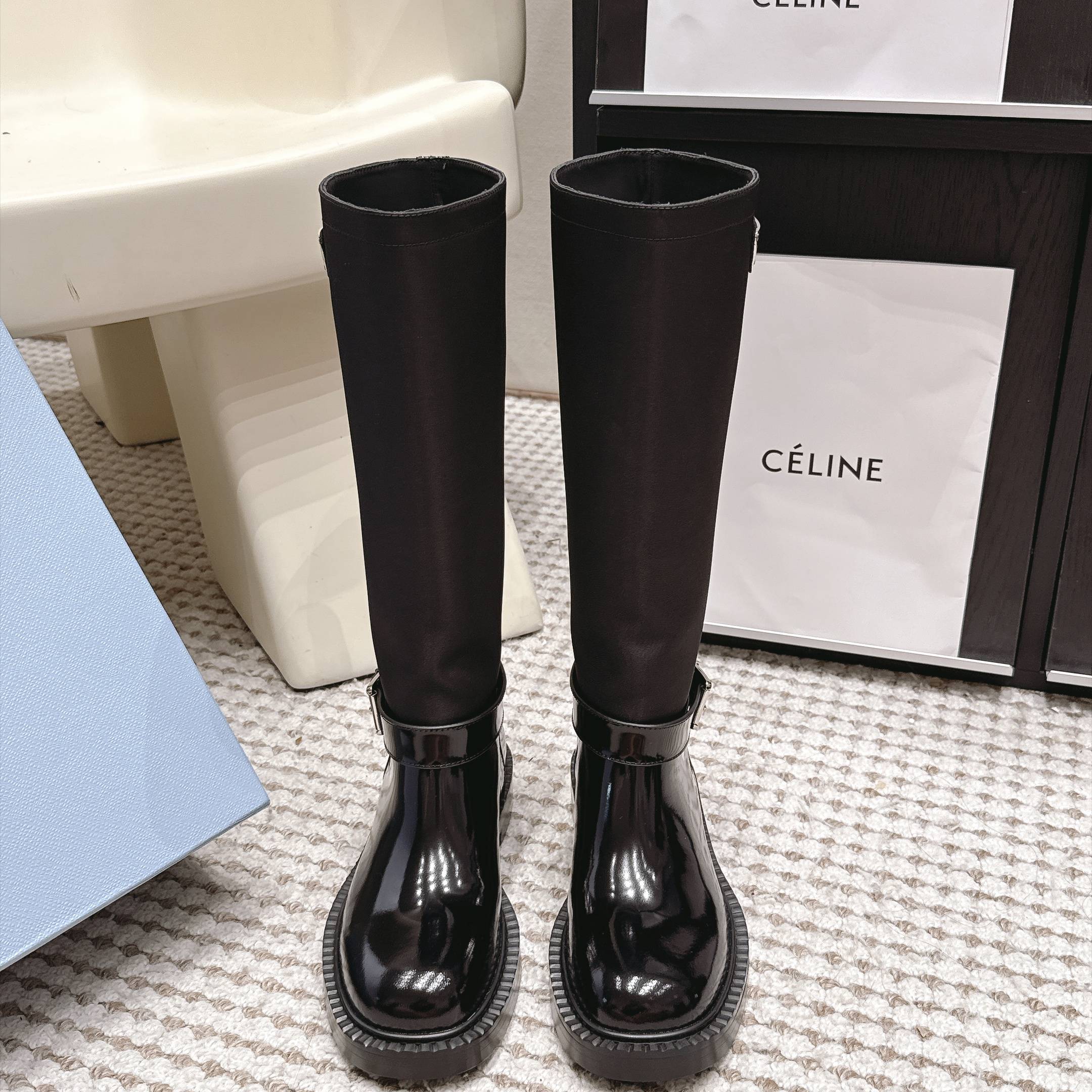 Prada Slip-On Mid-Calf Riding Boots in Genuine Calfskin Leather with Platform Outsole Lambsk Pr