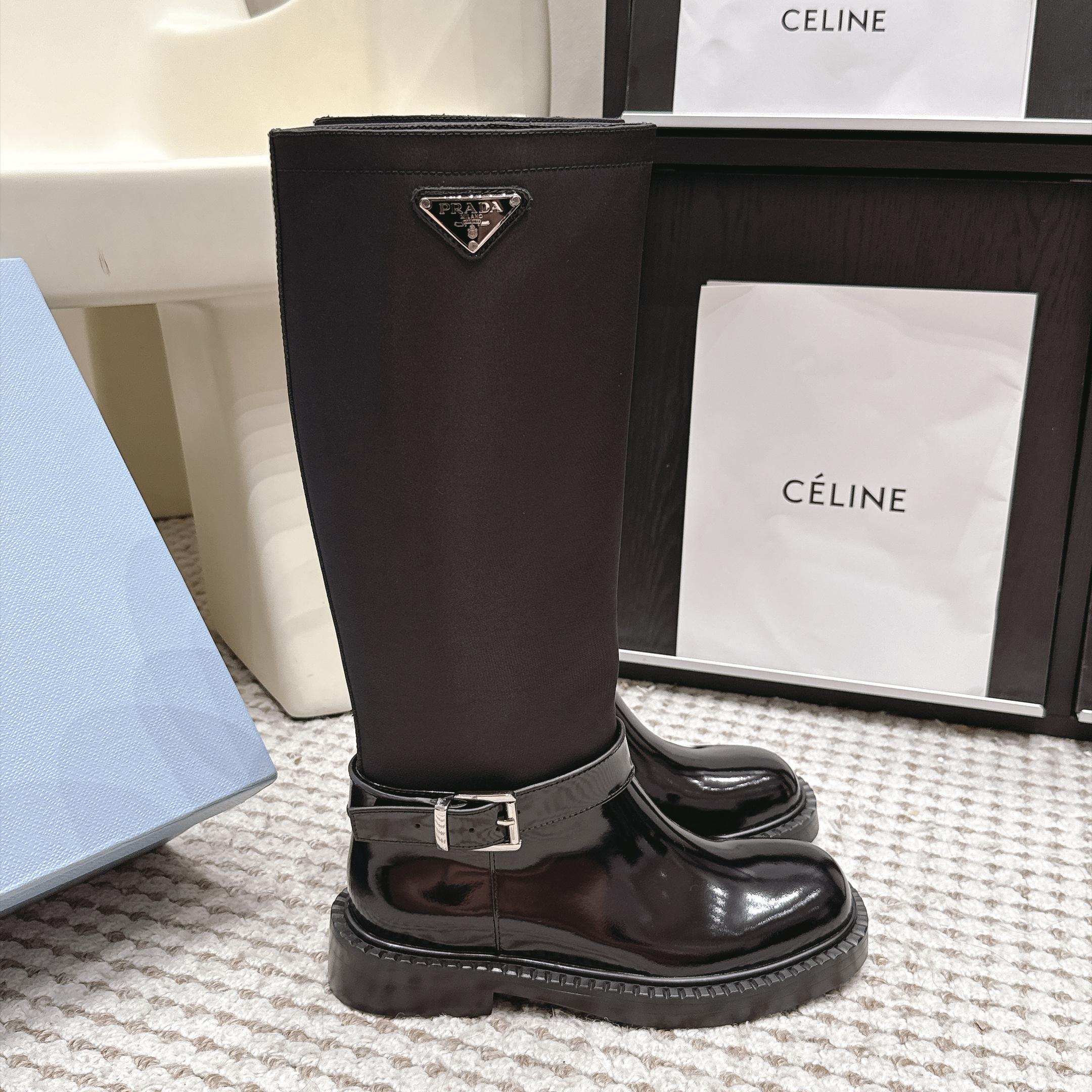 Prada Slip-On Mid-Calf Riding Boots in Genuine Calfskin Leather with Platform Outsole Lambsk Pr