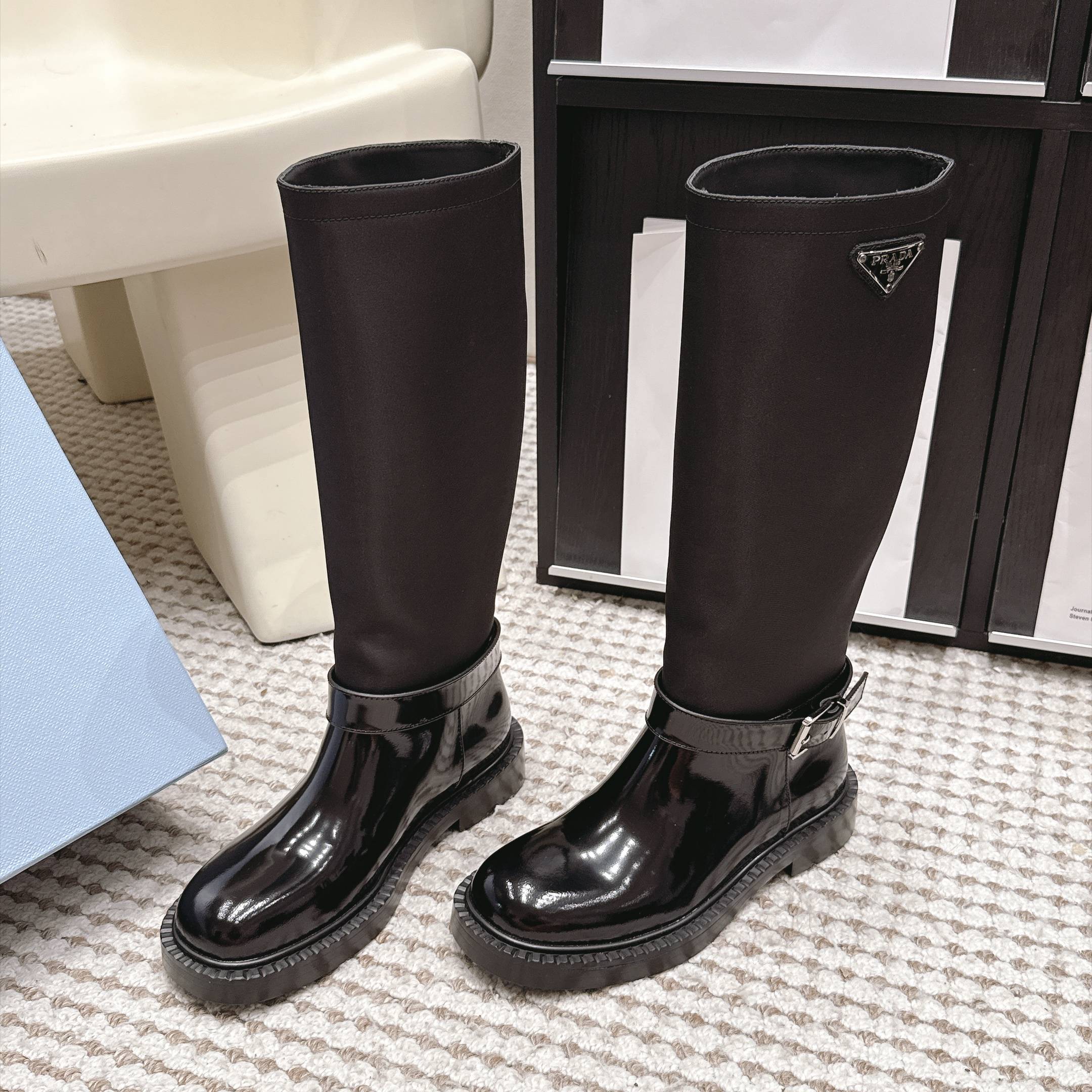Prada Slip-On Mid-Calf Riding Boots in Genuine Calfskin Leather with Platform Outsole Lambsk Pr