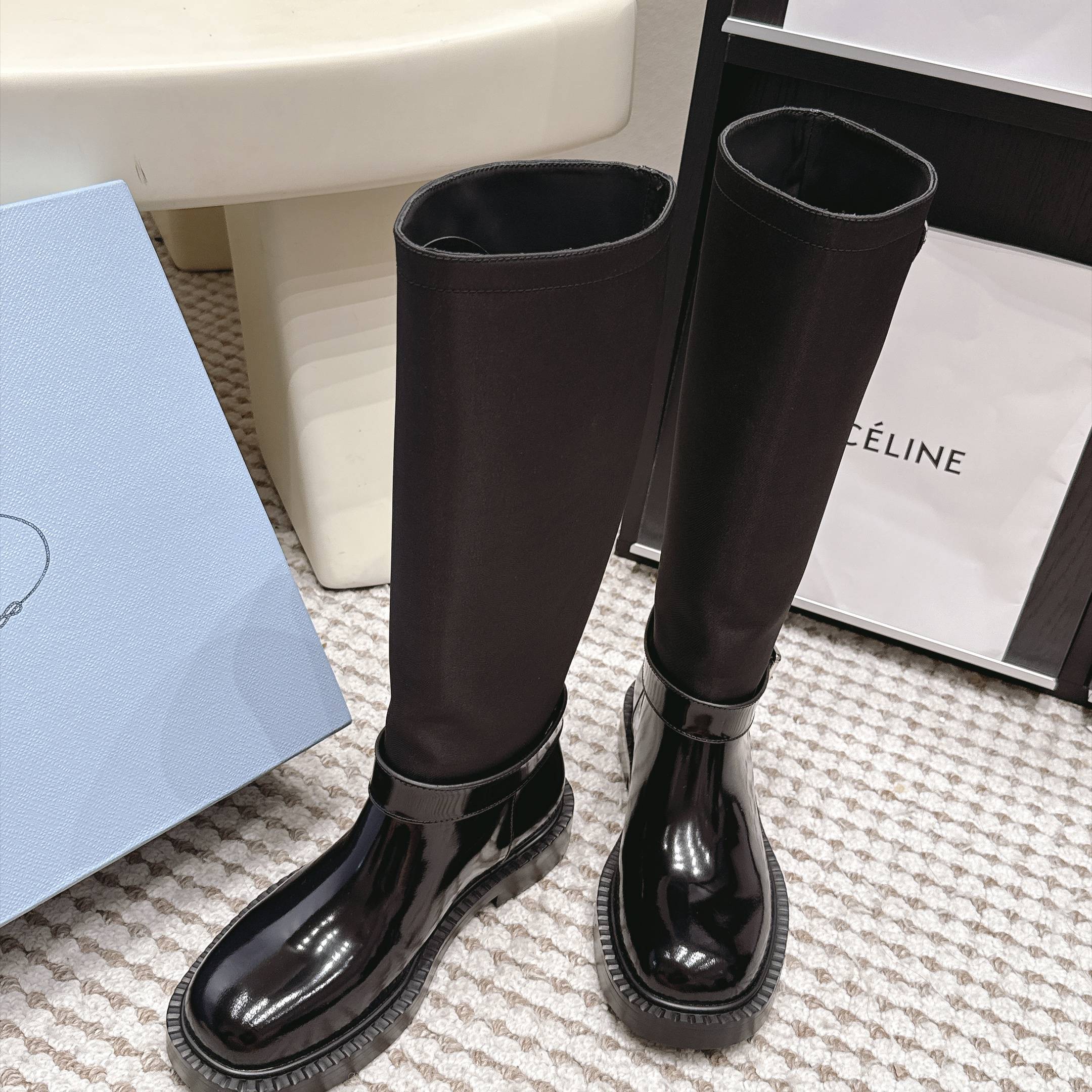 Prada Slip-On Mid-Calf Riding Boots in Genuine Calfskin Leather with Platform Outsole Lambsk Pr