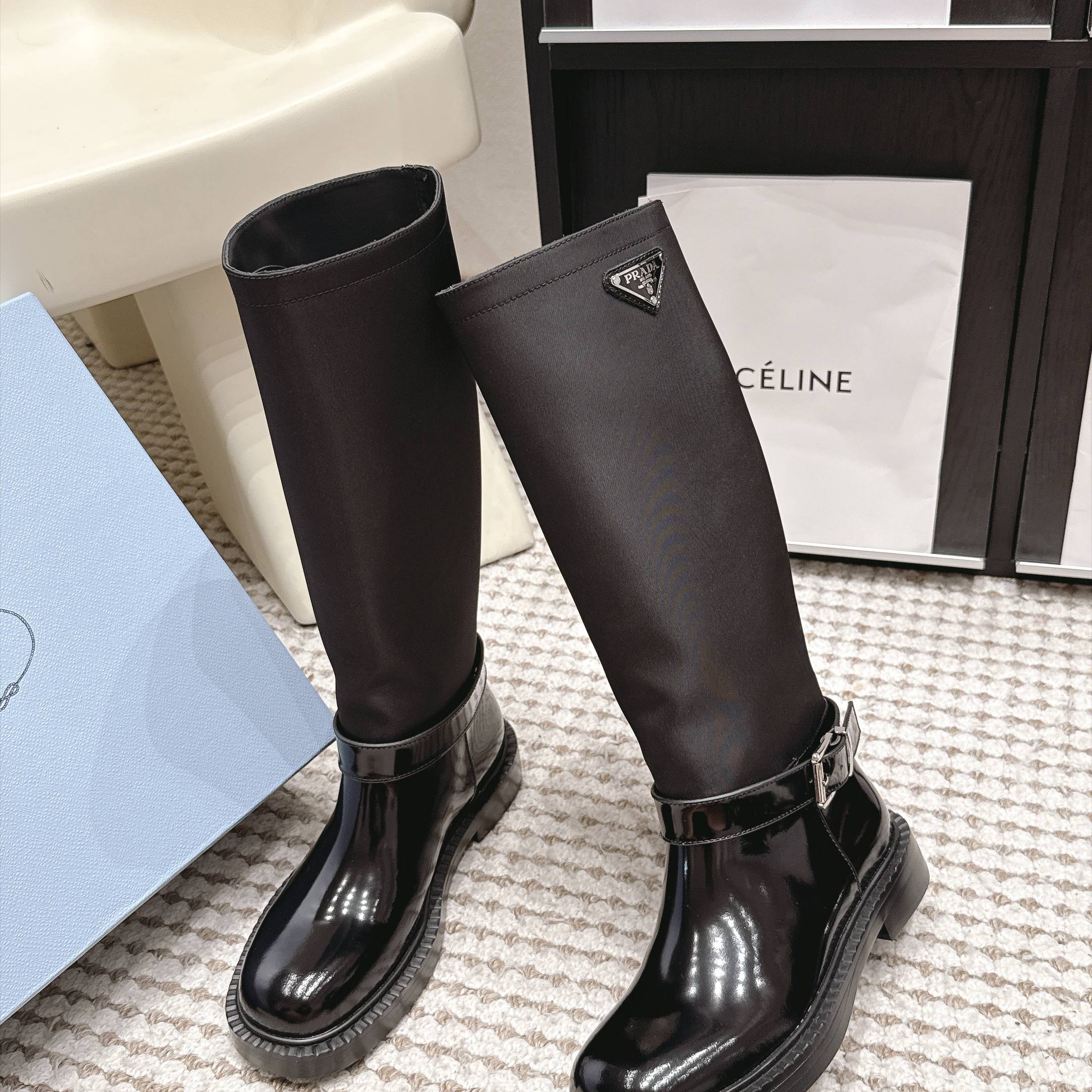Prada Slip-On Mid-Calf Riding Boots in Genuine Calfskin Leather with Platform Outsole Lambsk Pr