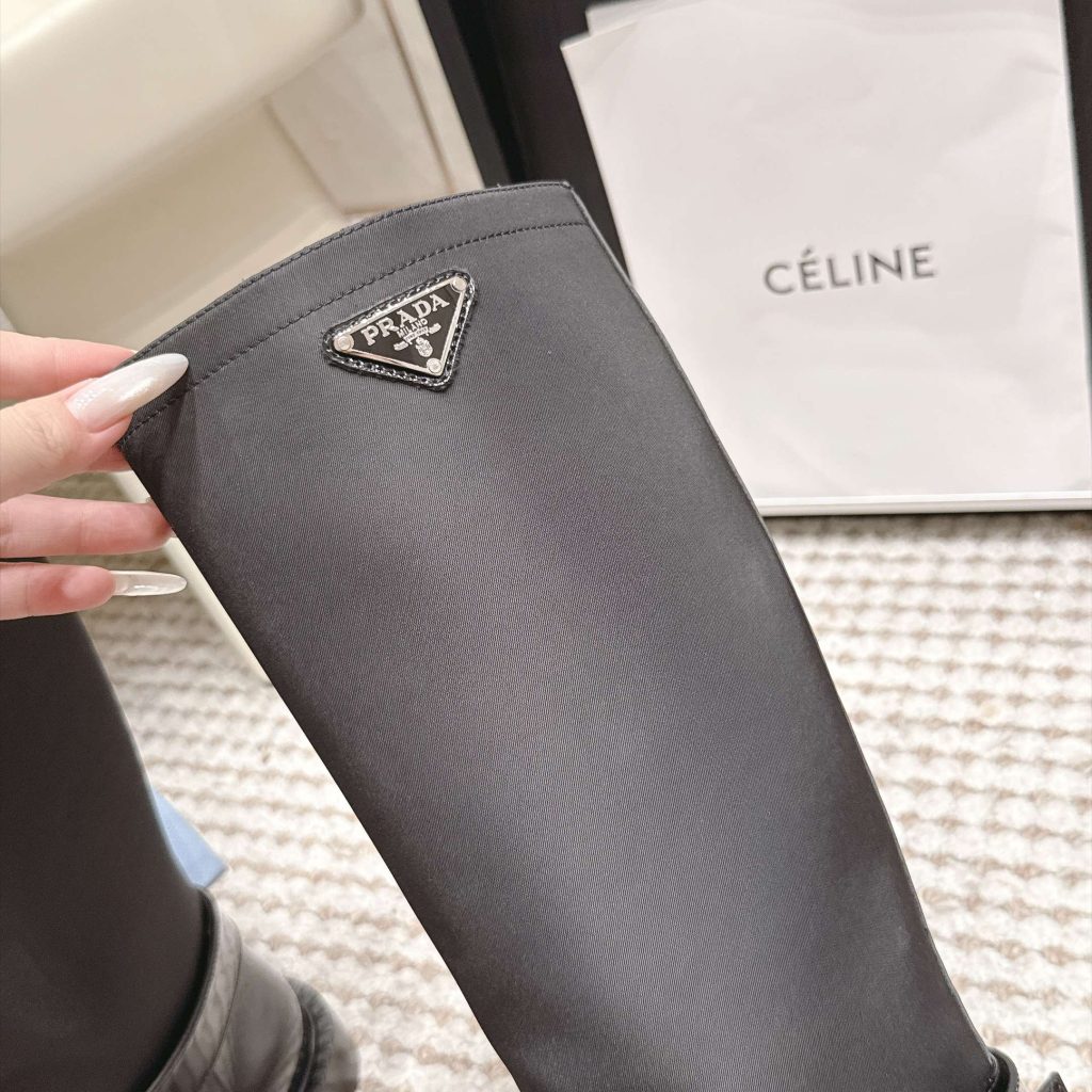Prada Slip-On Mid-Calf Riding Boots in Genuine Calfskin Leather with Platform Outsole Lambsk Pr