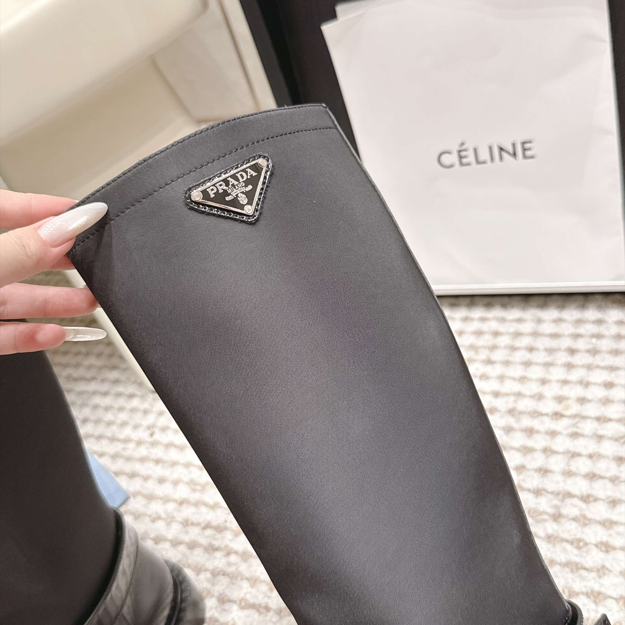 Prada Slip-On Mid-Calf Riding Boots in Genuine Calfskin Leather with Platform Outsole Lambsk Pr