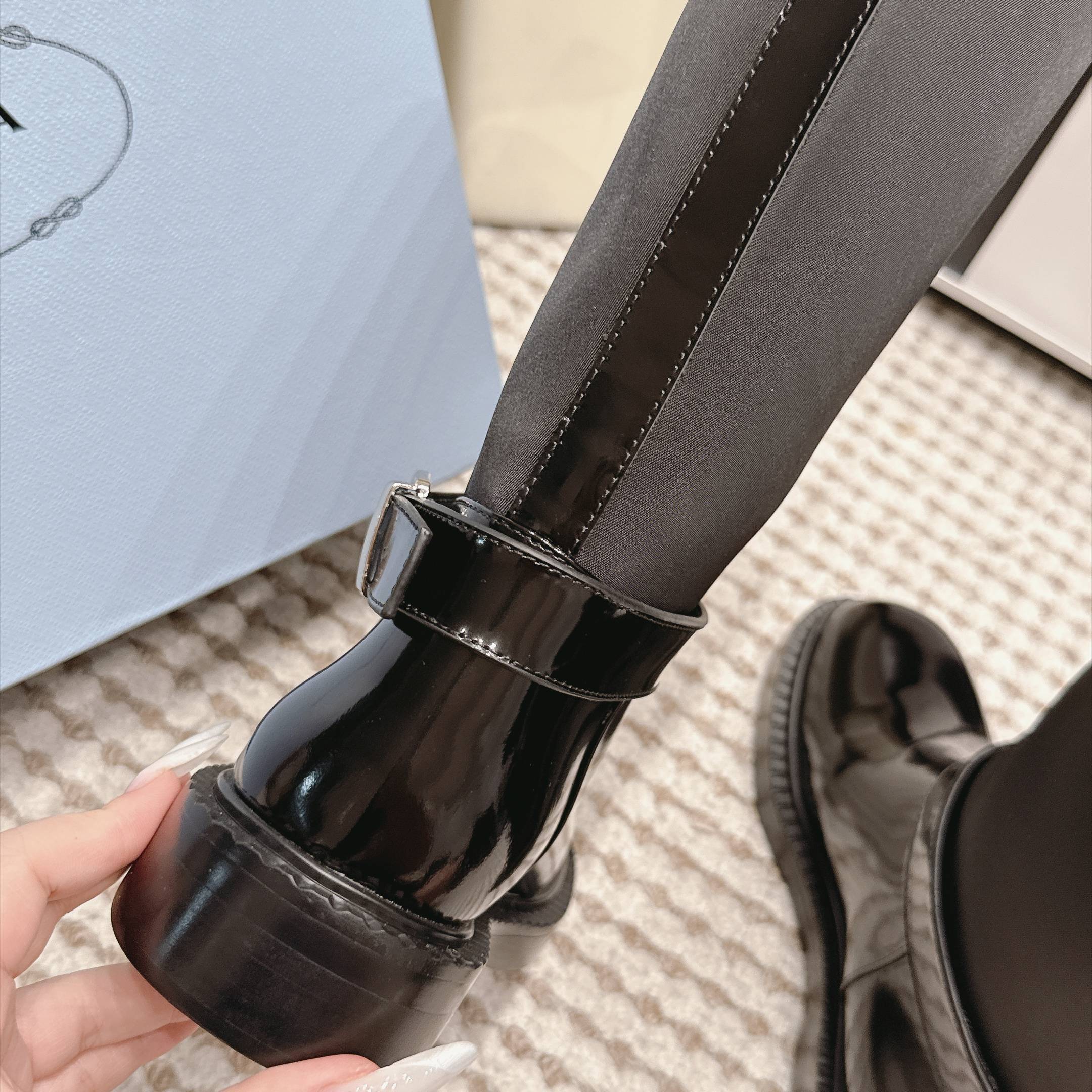 Prada Slip-On Mid-Calf Riding Boots in Genuine Calfskin Leather with Platform Outsole Lambsk Pr