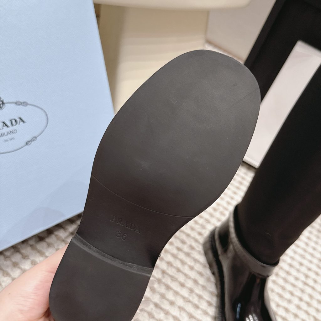 Prada Slip-On Mid-Calf Riding Boots in Genuine Calfskin Leather with Platform Outsole Lambsk Pr