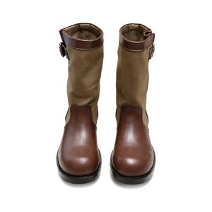 Prada Mixed Leather Buckle Strap Retro Mid-Calf Work Boots in Washed Calfskin Italian Suede Sole