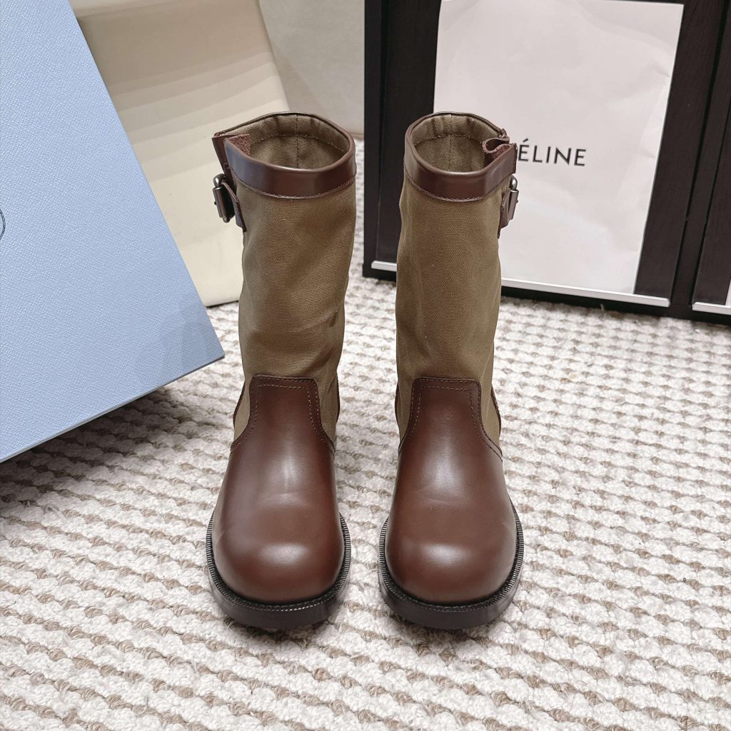 Prada Mixed Leather Buckle Strap Retro Mid-Calf Work Boots in Washed Calfskin Italian Suede Sole