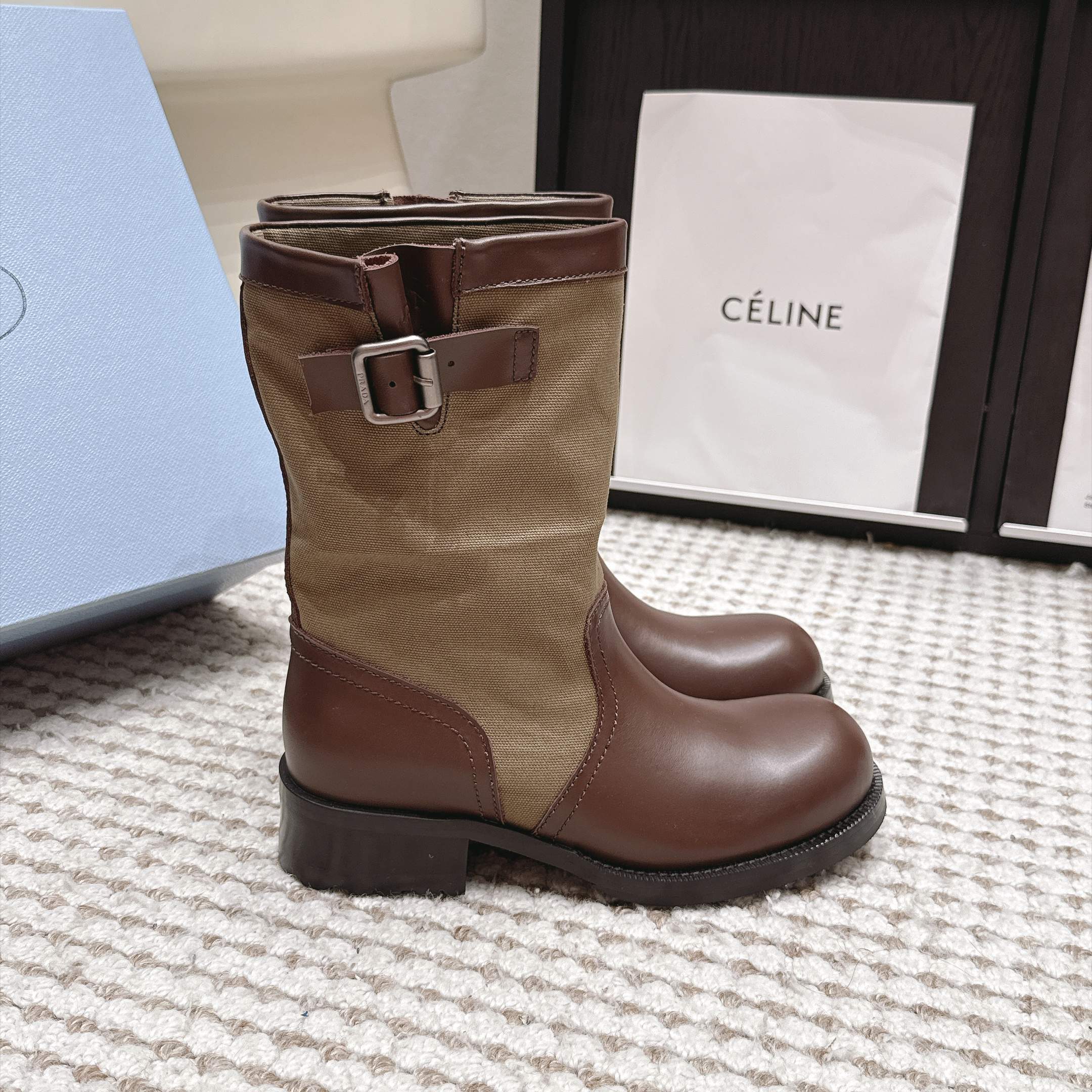 Prada Mixed Leather Buckle Strap Retro Mid-Calf Work Boots in Washed Calfskin Italian Suede Sole
