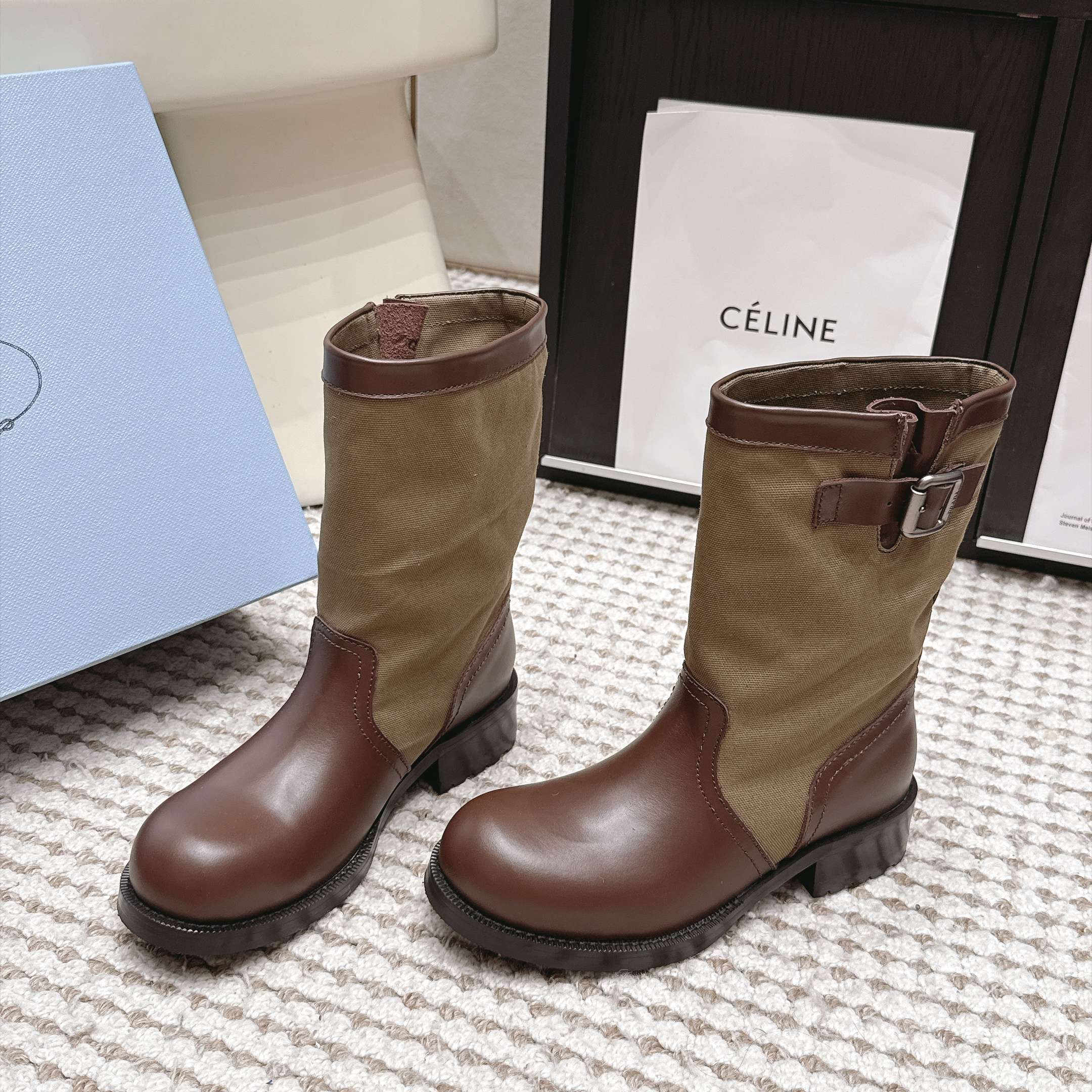 Prada Mixed Leather Buckle Strap Retro Mid-Calf Work Boots in Washed Calfskin Italian Suede Sole