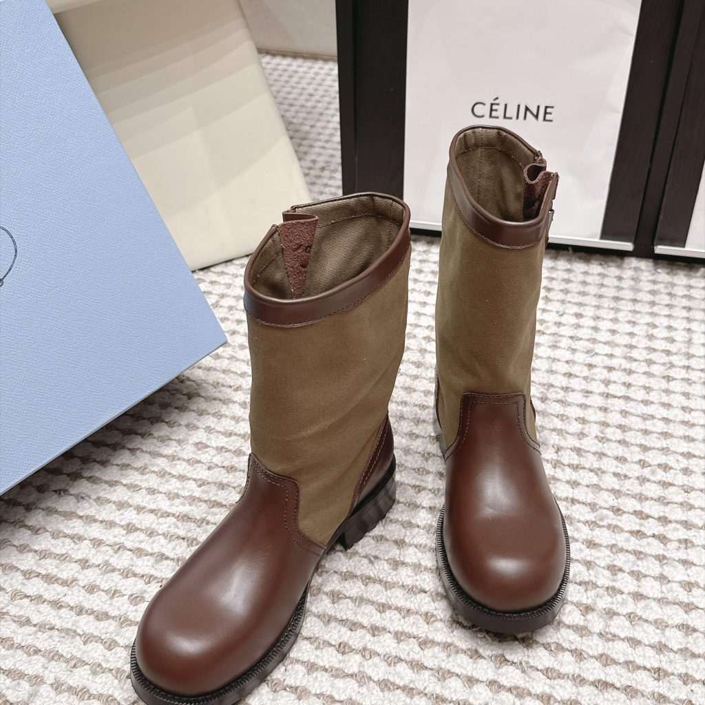 Prada Mixed Leather Buckle Strap Retro Mid-Calf Work Boots in Washed Calfskin Italian Suede Sole