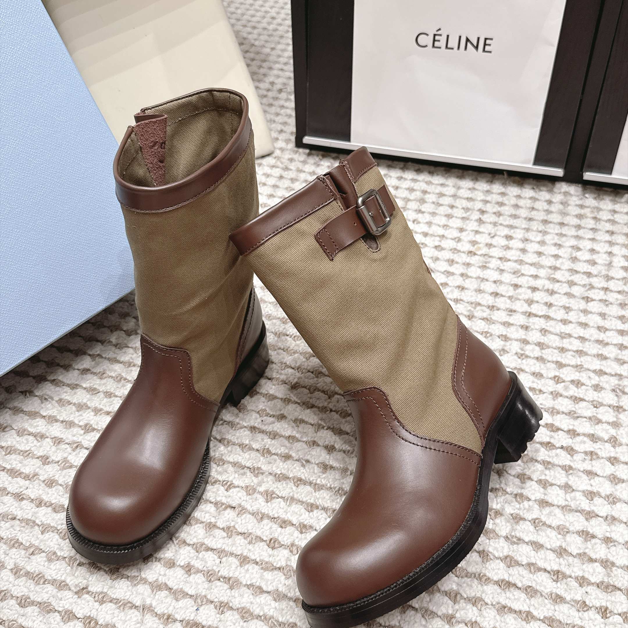 Prada Mixed Leather Buckle Strap Retro Mid-Calf Work Boots in Washed Calfskin Italian Suede Sole