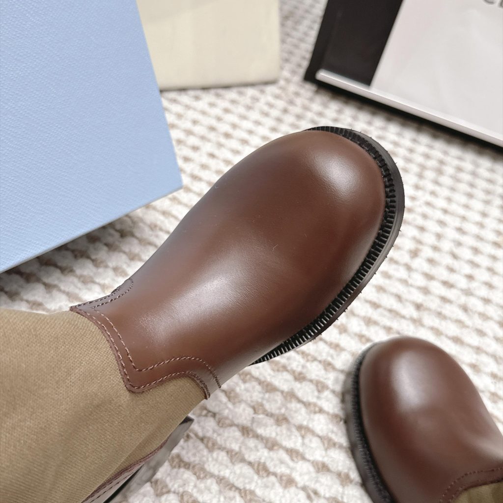 Prada Mixed Leather Buckle Strap Retro Mid-Calf Work Boots in Washed Calfskin Italian Suede Sole