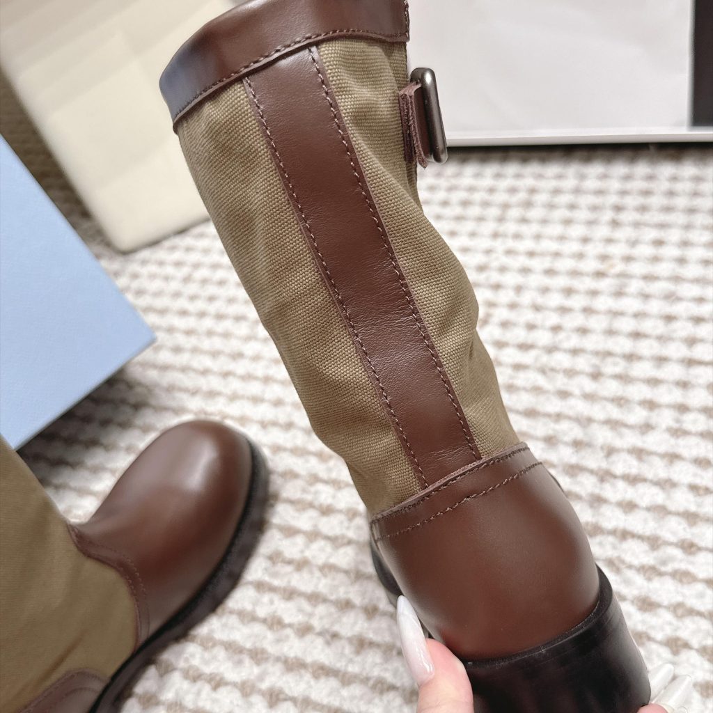 Prada Mixed Leather Buckle Strap Retro Mid-Calf Work Boots in Washed Calfskin Italian Suede Sole