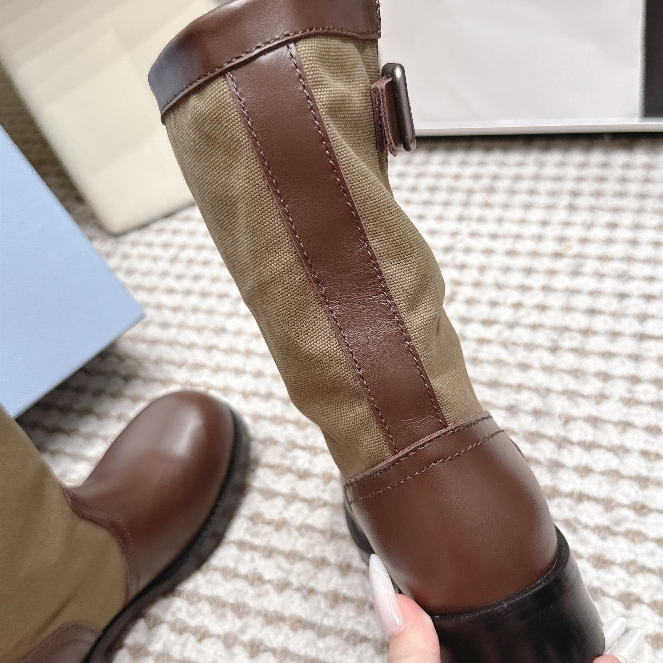 Prada Mixed Leather Buckle Strap Retro Mid-Calf Work Boots in Washed Calfskin Italian Suede Sole
