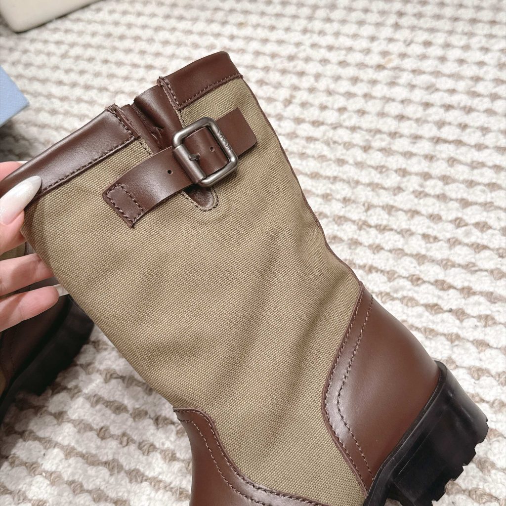 Prada Mixed Leather Buckle Strap Retro Mid-Calf Work Boots in Washed Calfskin Italian Suede Sole