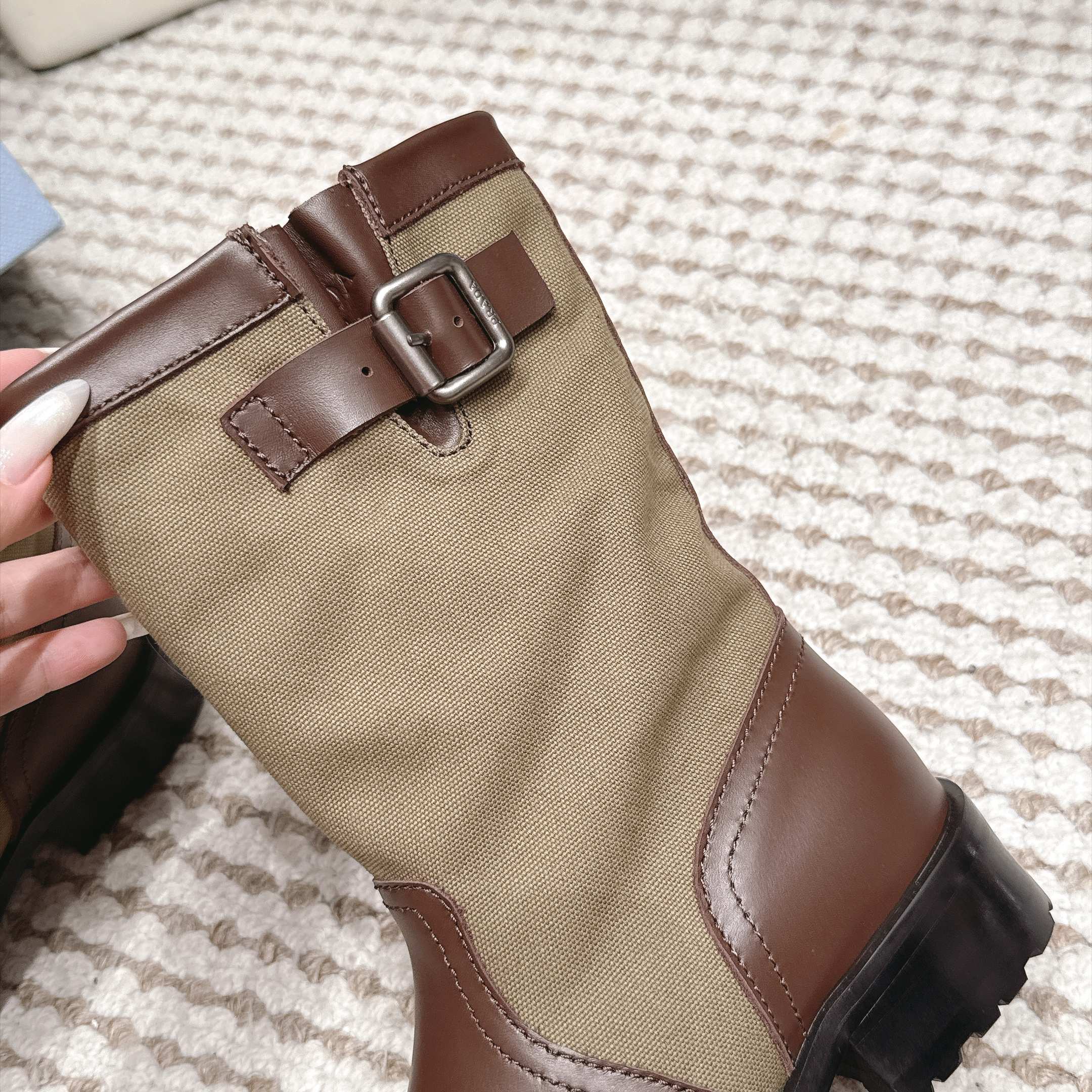 Prada Mixed Leather Buckle Strap Retro Mid-Calf Work Boots in Washed Calfskin Italian Suede Sole
