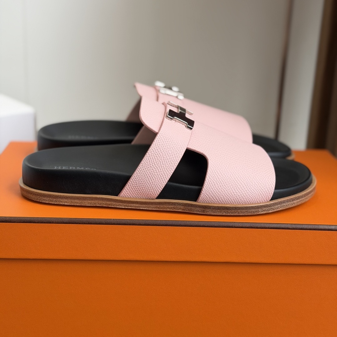 HERMES Classic Strap Sandals, Premium Leather Upper with Open Toe and Molded Rubber Outsole Design